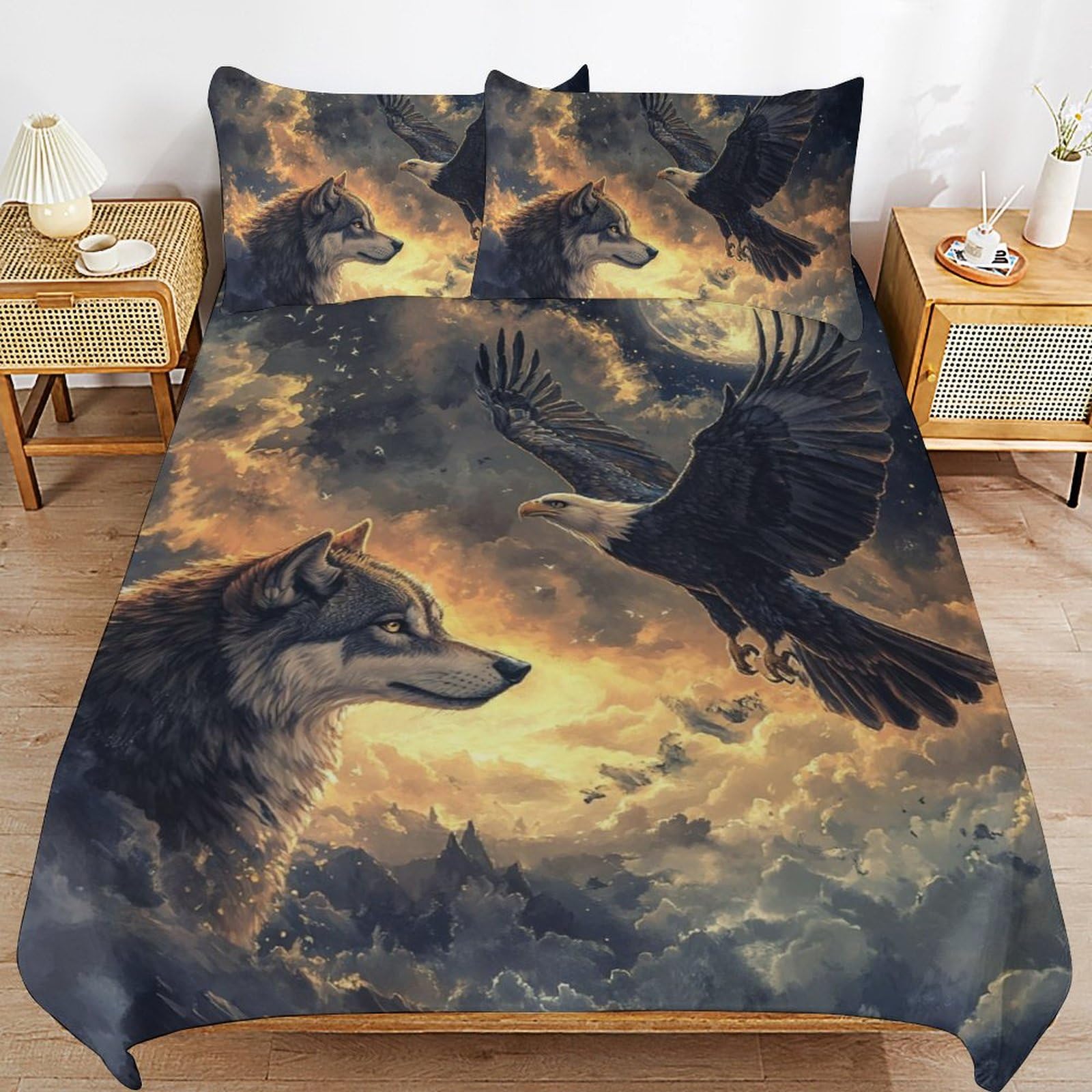 Parure de lit loup housse de couette 200 x 200 cm microfibre enfant garçon fille 3 pcs