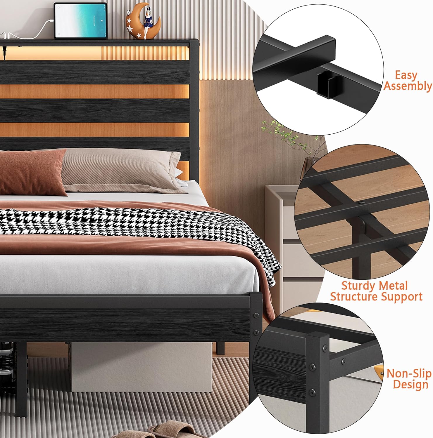 Bed Frame Twin Size with USB Charging Station, LED Bed Frame with Wood Storage Headboard, Black Metal Platform Bed with Under Bed Storage, No Box Spring Needed, Noise Free - Image 5