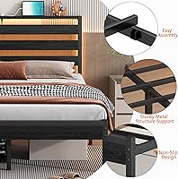 Vista 5 de Base de cama tamaño individual con estación de carga USB, marco de cama LED con cabecera de almacenamiento de madera, cama de plataforma de metal