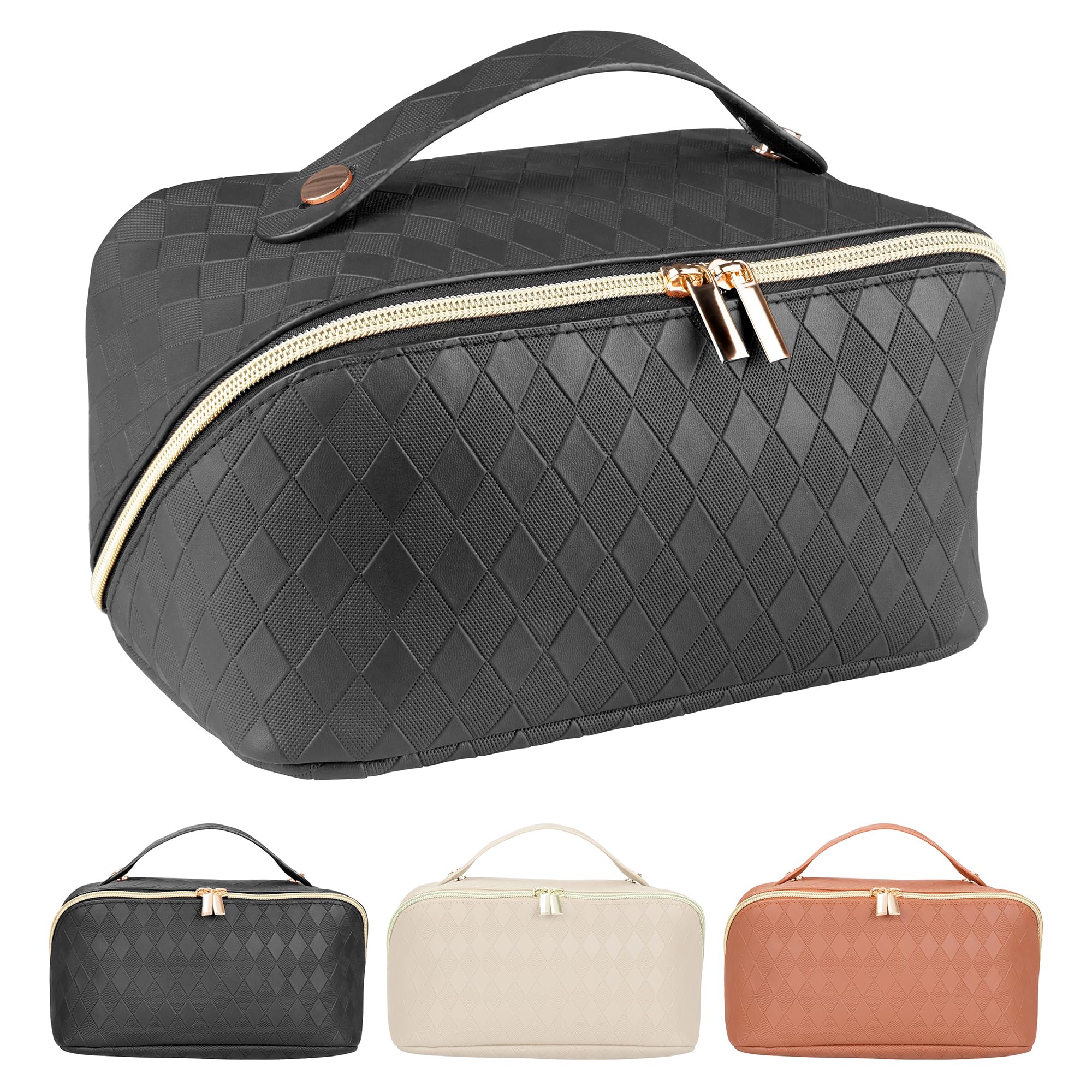 Travel Makeup Bag, Large Capacity Travel Cosmetic Bag with Scented Sachets, Leather Waterproof Toiletry Bag for Women Wide Open Lay Flat Design for Women and Girls, Black