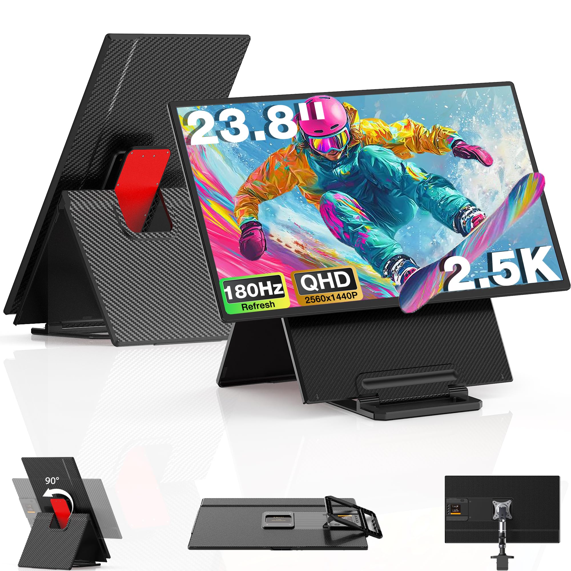 Kwumsy Monitor Portatile Per Laptop 23.8 Pollici - 2.5K QHD 180Hz Doppio Schermo PC Portatile, Rotazione 90° e Altezza Regolabile, Monitor Portatile Pieghevole, Doppio Monitor Plug & Play per Wins/Mac
