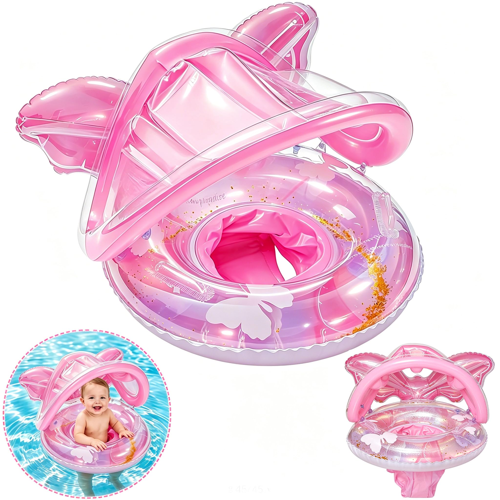 Baby Swimming Float, Baby Pool Float with Canopy, Inflatable Swimming Floats for Children, Baby Swimming Ring with Inflatable Baby Seat and Handle, Baby Float for 6-12-18-36 Months