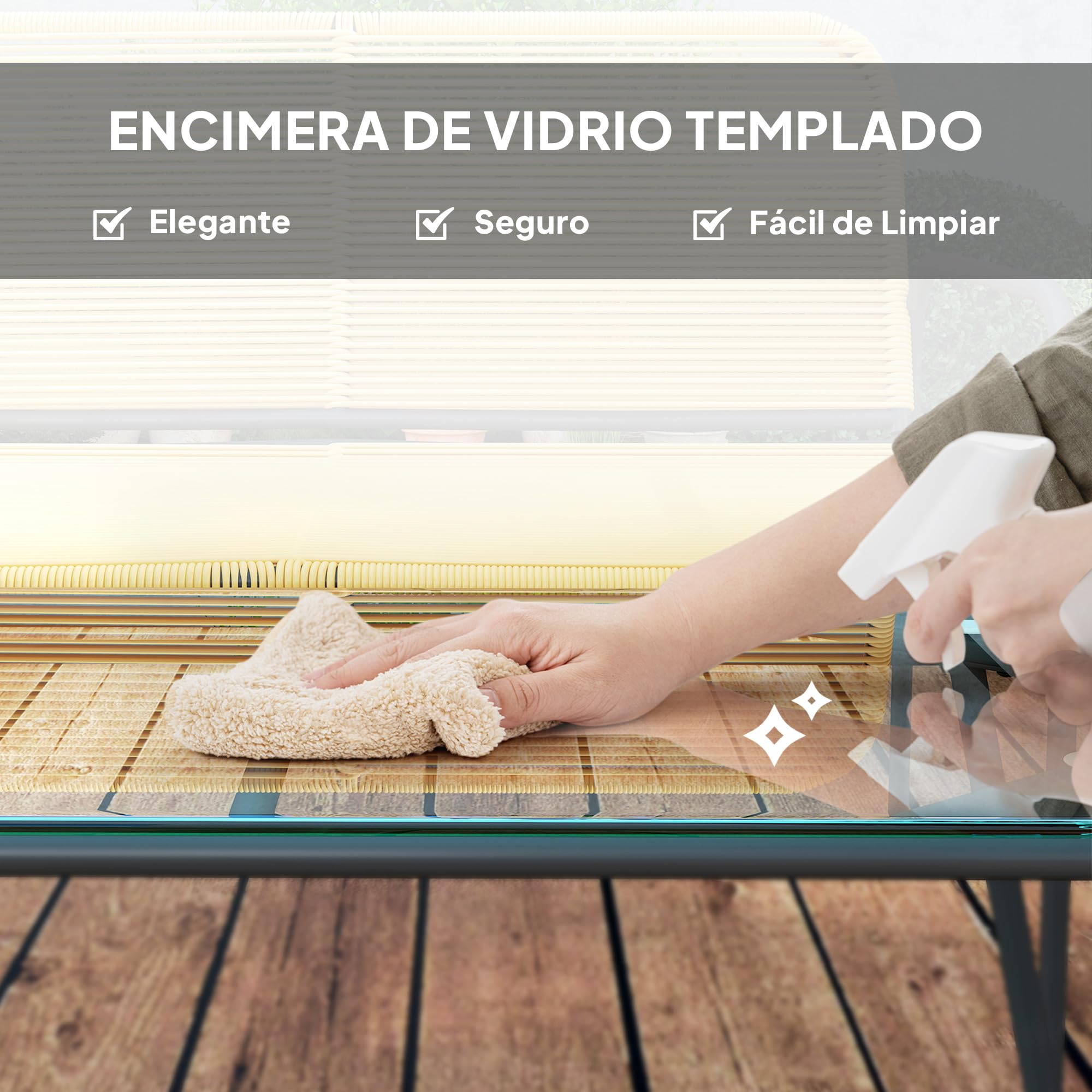 Outsunny Conjunto Jardín Exterior de Ratán, Muebles Jardín Exterior Resistentes a la Intemperie, Conjunto Terraza con Sofá de 2 Plazas, 2 Sillones, Mesa con Tablero de Vidrio Templado, Natural