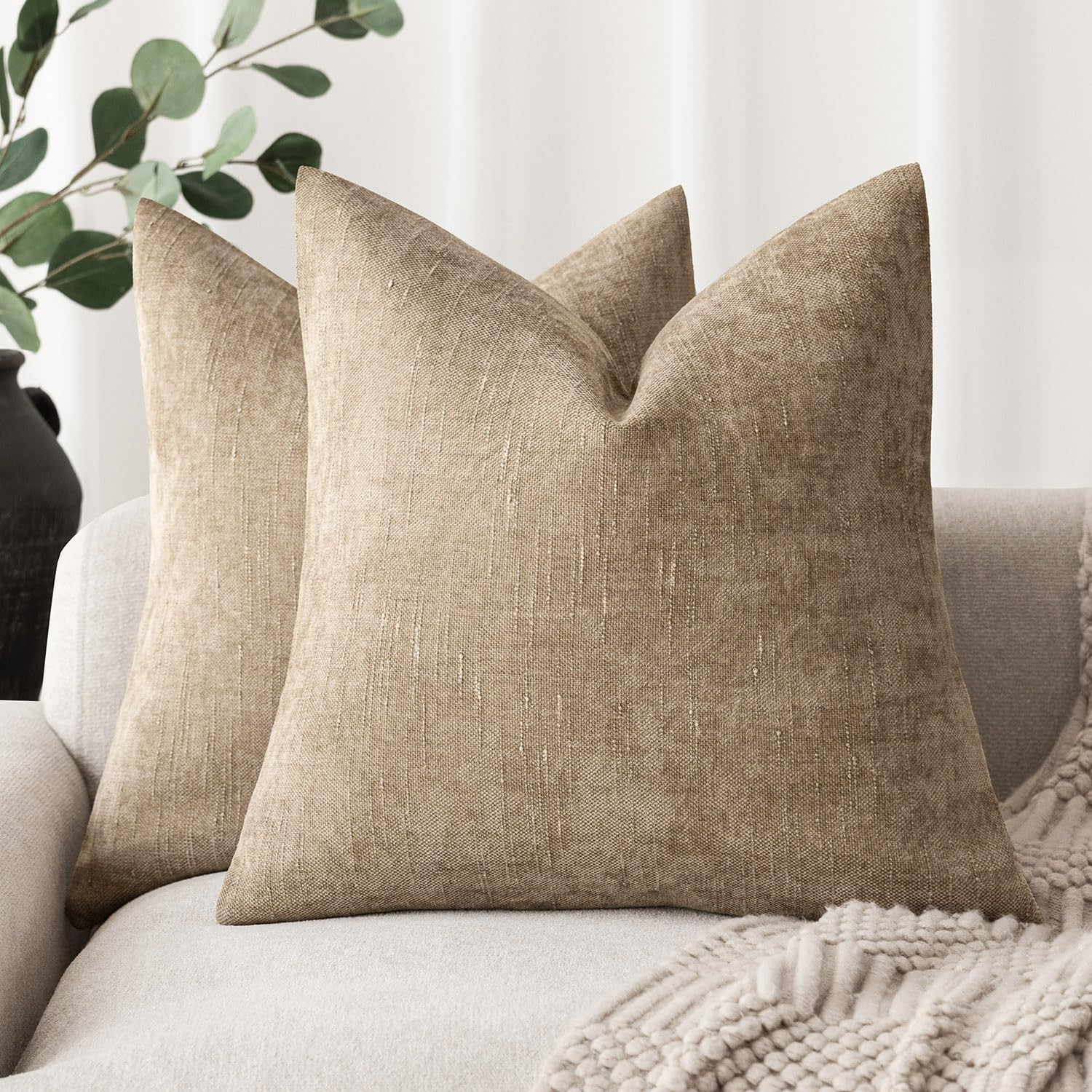 Foindtower Pack of 2 Textured Chenille Throw Decorative Pillow Covers Square Accent Solid Cushion Cover Neutral Farmhouse Pillow Case for Couch Sofa Bedroom Living Room 16x16 Inch,Taupe Khaki Camel — image 1