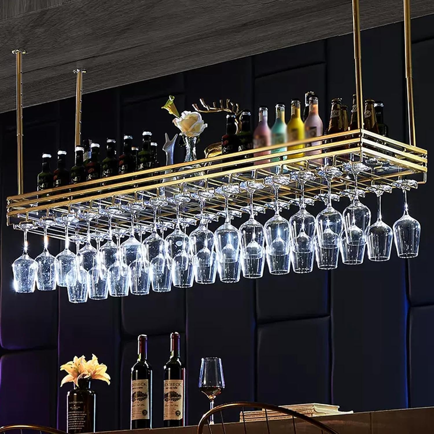 Modern Metal Ceiling Wine Rack with Hanging Shelf for Cups and Bottles Stylish Floating Storage Shelves for Home Bar Display