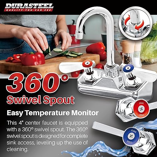 Miniatura 4 de DuraSteel - Grifo para fregadero de cocina comercial de 4 pulgadas con boquilla de cuello de cisne de 3-12 pulgadas, certificado NSF, asas de doble