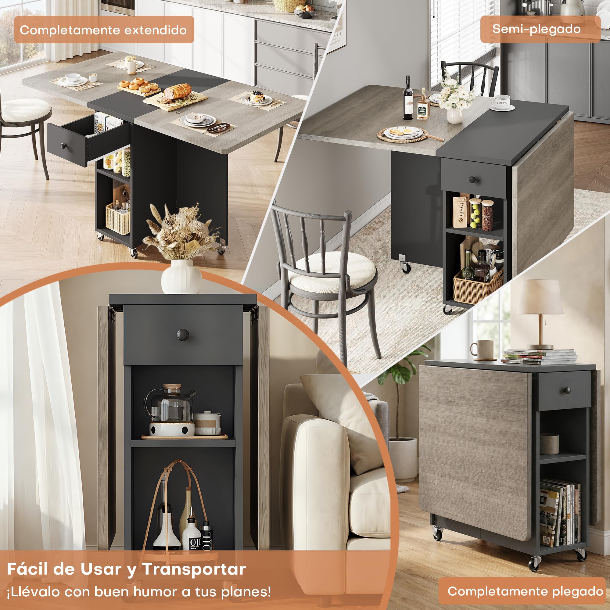 Jocoevol Table à Manger Pliable Gain de Place pour 4 Personnes, Table de Repas Pliante avec Tiroir et étagère de Rangement, Table de Cuisine et de Salle à Manger à Plateau Rabattable équipée (Gris)
