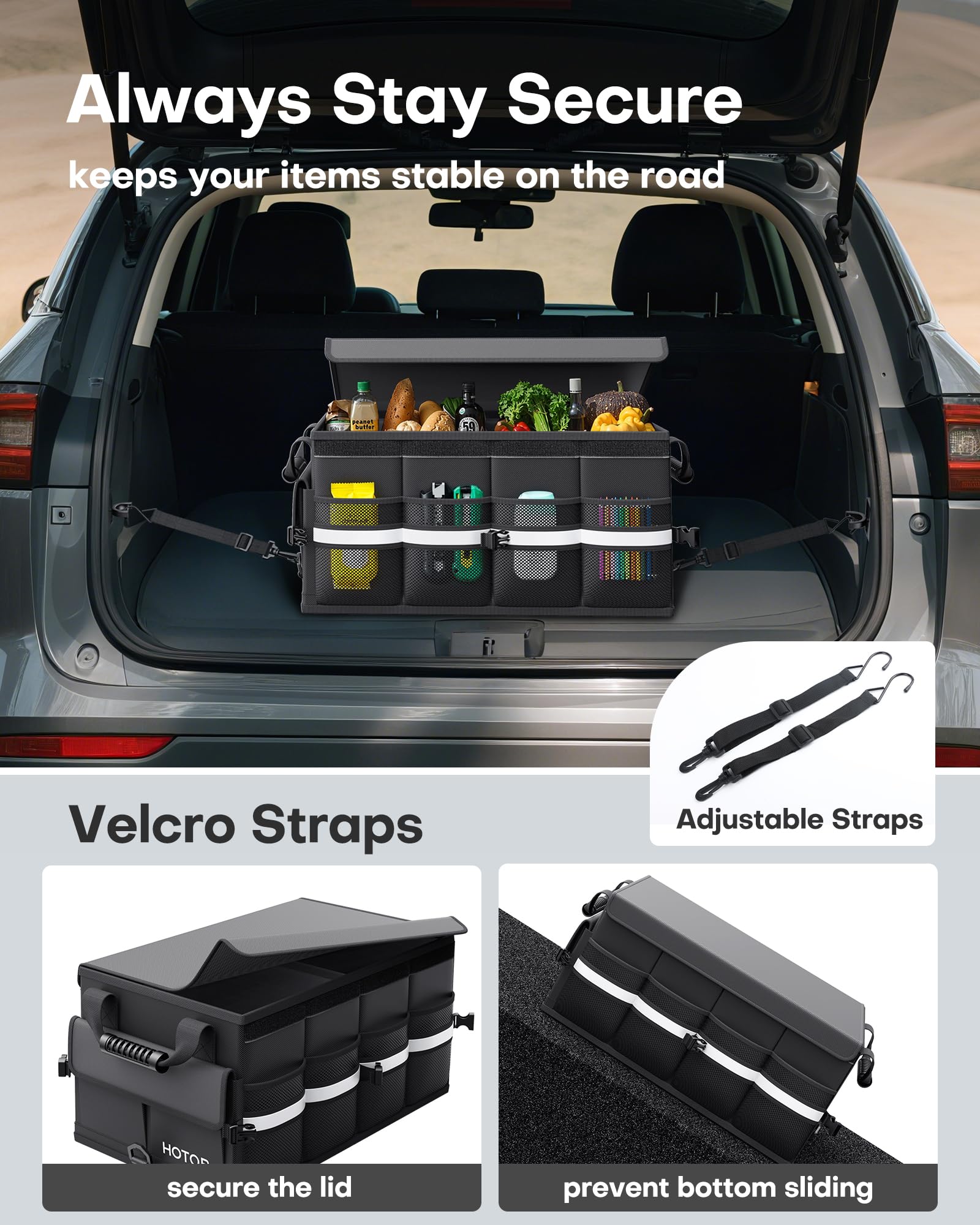 HOTOR Car Trunk Organizer - Foldable Trunk Organizer for SUV, Car Storage with Reflective Strips & Securing Cover, Large Capacity Car Accessories for Truck, Van & Sedan, Black, 22.1" x 12.6" x 11.0"