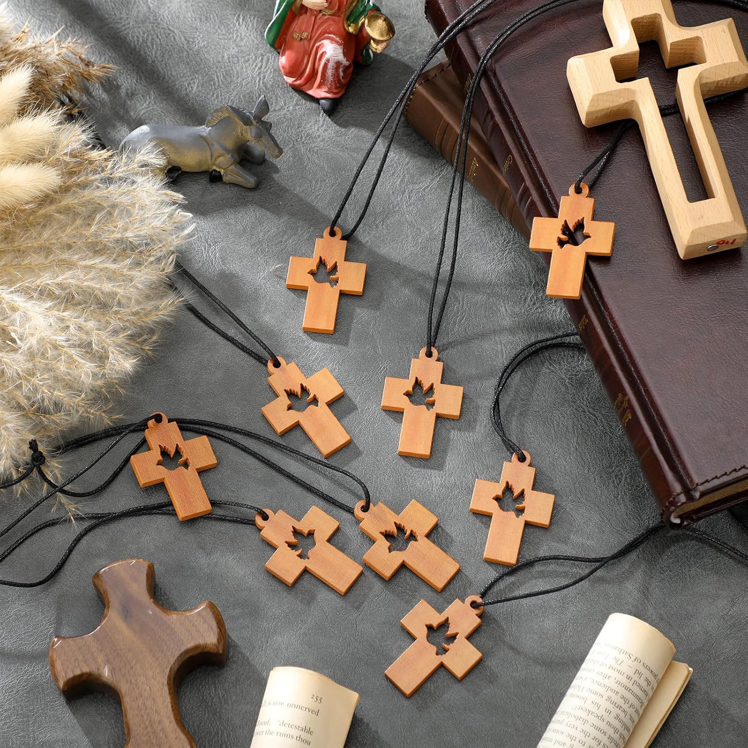 Huquary Holy Spirit Confirmation Pendant Necklace, Christian Dove Cross Wood Necklace for Pentecost Adult Church Party Favors
