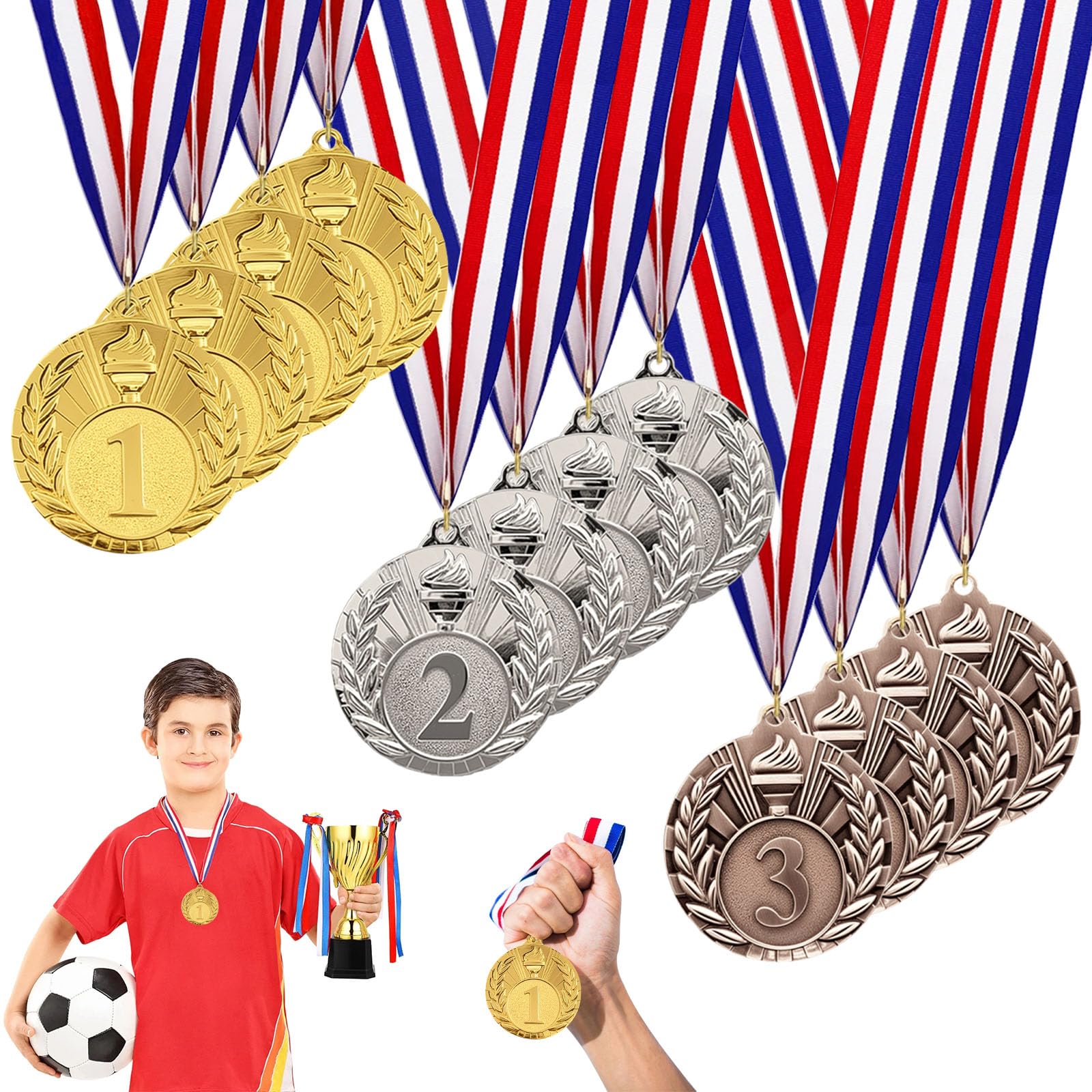 12 Pezzi Medaglie Bambini Metallo Medaglie Premiazioni Medaglia Oro Argento Bronzo Vincitore Medaglia con Nastri medaglie per Bambini Adulti Feste Sport Scolastico Concorsi Calcio (5 cm)