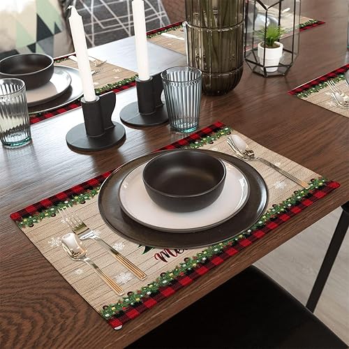 Miniatura 8 de Juego de 4 manteles individuales de Navidad, manteles individuales de cuadros rojos y negros de 12 x 18 pulgadas para Navidad, árbol de Navidad