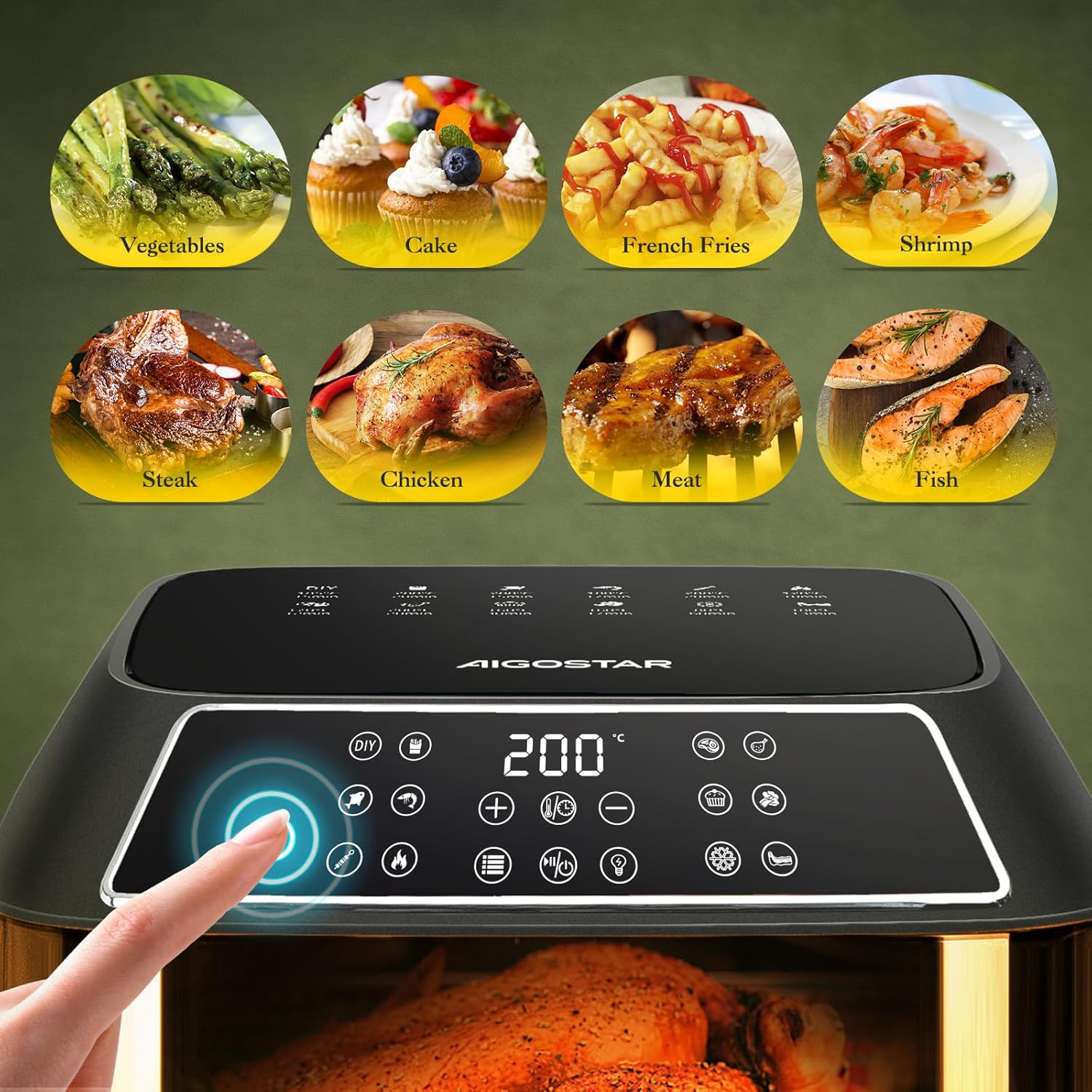 Aigostar Zane Air Fryer control panel with food icons