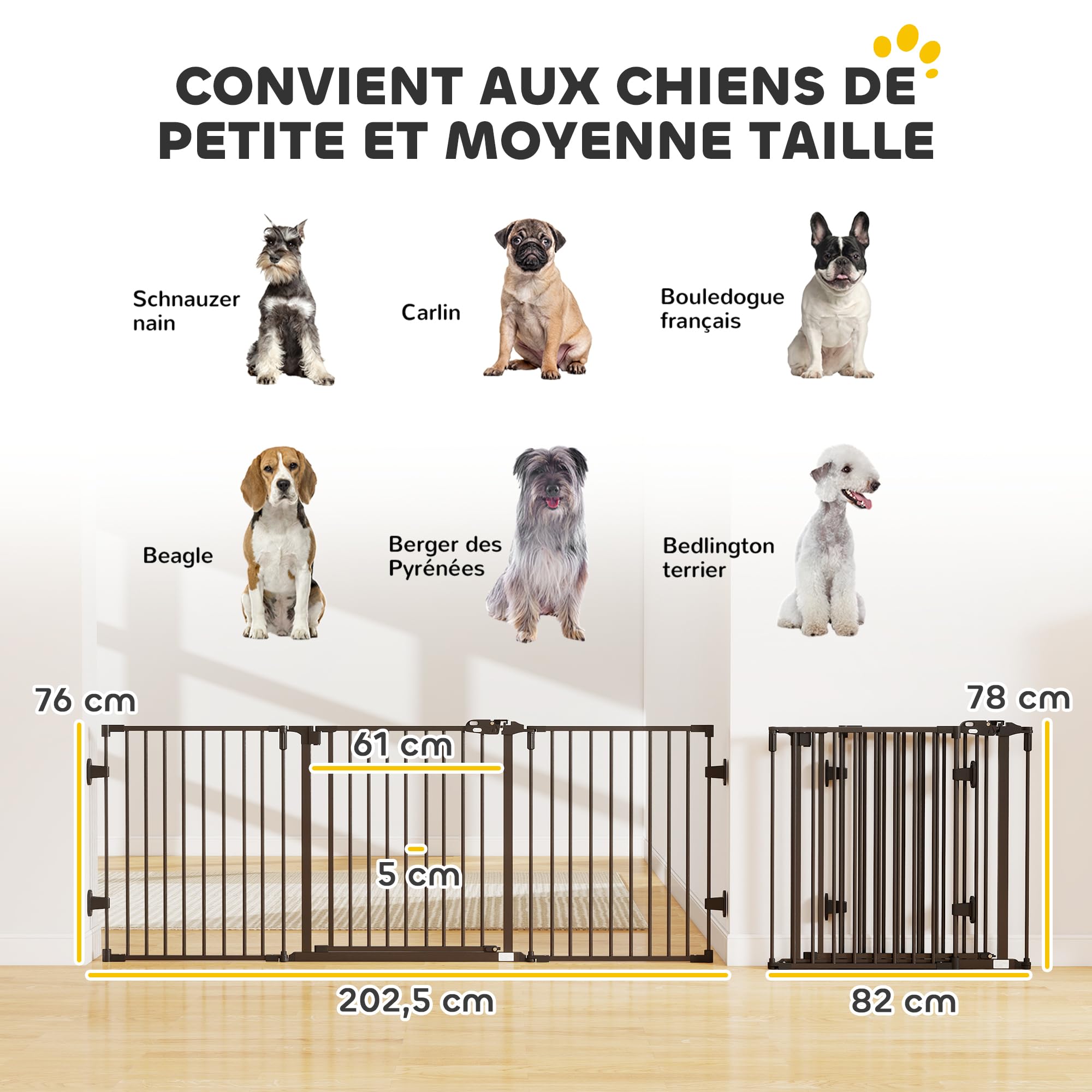 PawHut Barriere de securite Chien Pliable avec Porte en Acier, Barriere de securite cheminée 3 Panneaux modulable Fermeture Automatique, Grille de Protection pour Animaux 202,5 cm, Noir | 3 Panneaux Modulable, Fermeture Automatique, Grille de Protection p