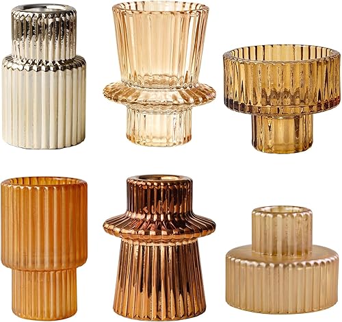 Juego de 6 portavelas dorados para velas de candelita, juego de candelabros cónicos de vidrio acanalado, centros de mesa para Acción de Gracias,
