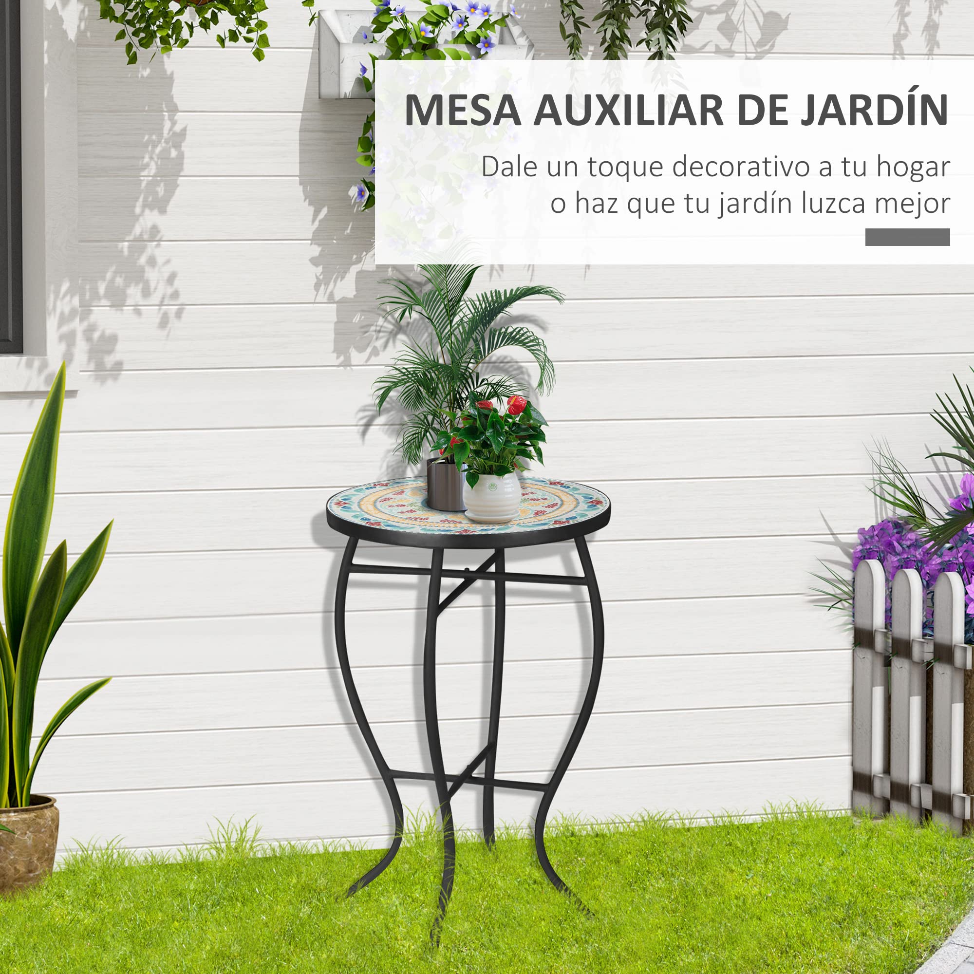 Outsunny Mesa de Jardín Redonda Mosaico Patas Metal Ø35,5x53,5 cm Turquesa