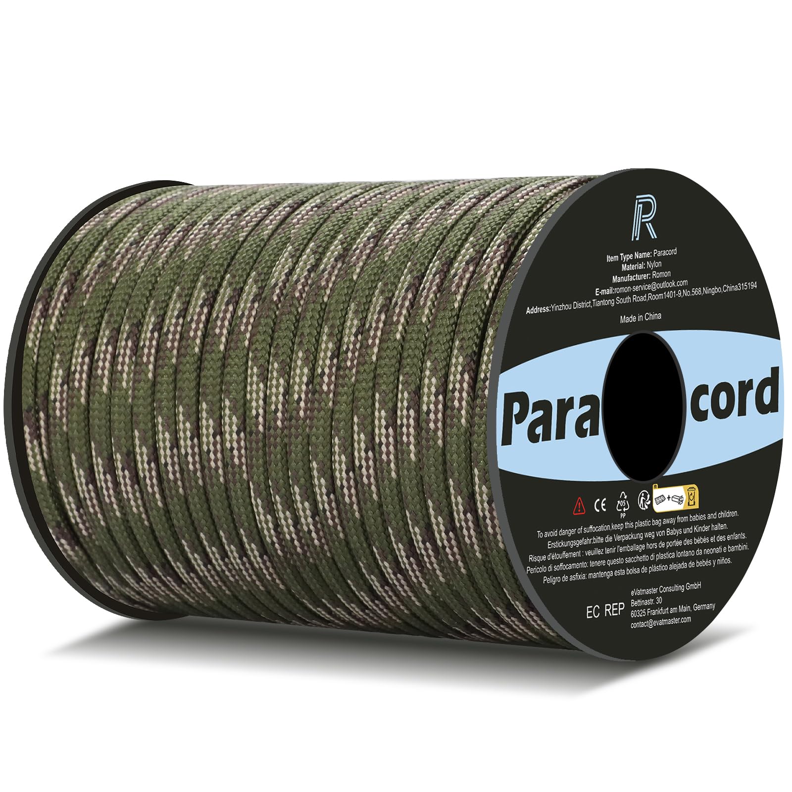 Romon Paracord 550 9 Fili 50m - Corda in Nylon 4mm Verde Militare Mimetica | Resistenza 250kg per Sopravvivenza, Campeggio, Fai da Te