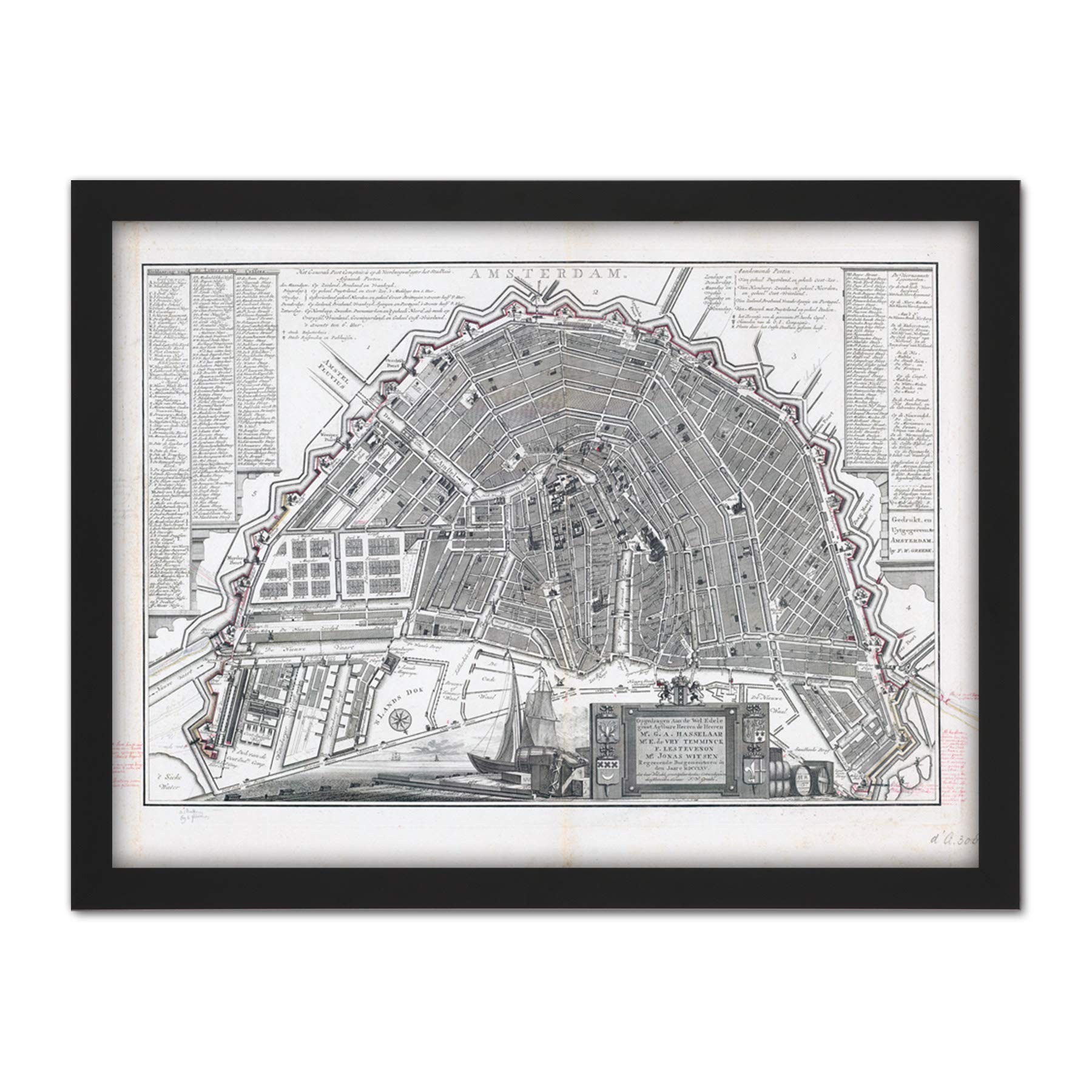 Artery8 Philips Old Map Of Amsterdam City Netherlands Artwork Framed Wall Art Print 18X24 Inch