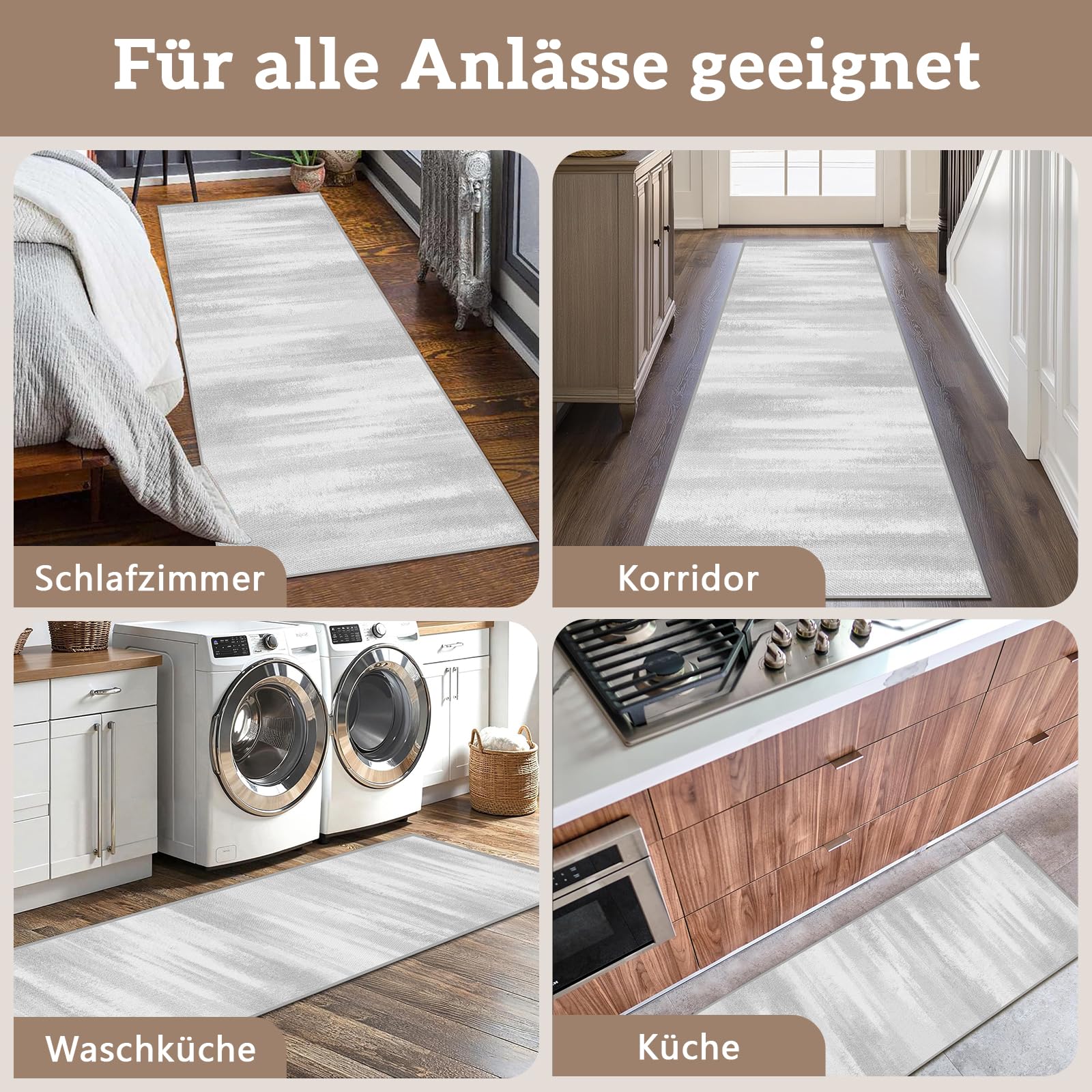 Teppich Läufer Flur Modern, Waschbarer Teppich Läufer, Teppich Esstisch, Für Flur, Küche, Eingang, 150x200cm-Hellgrau