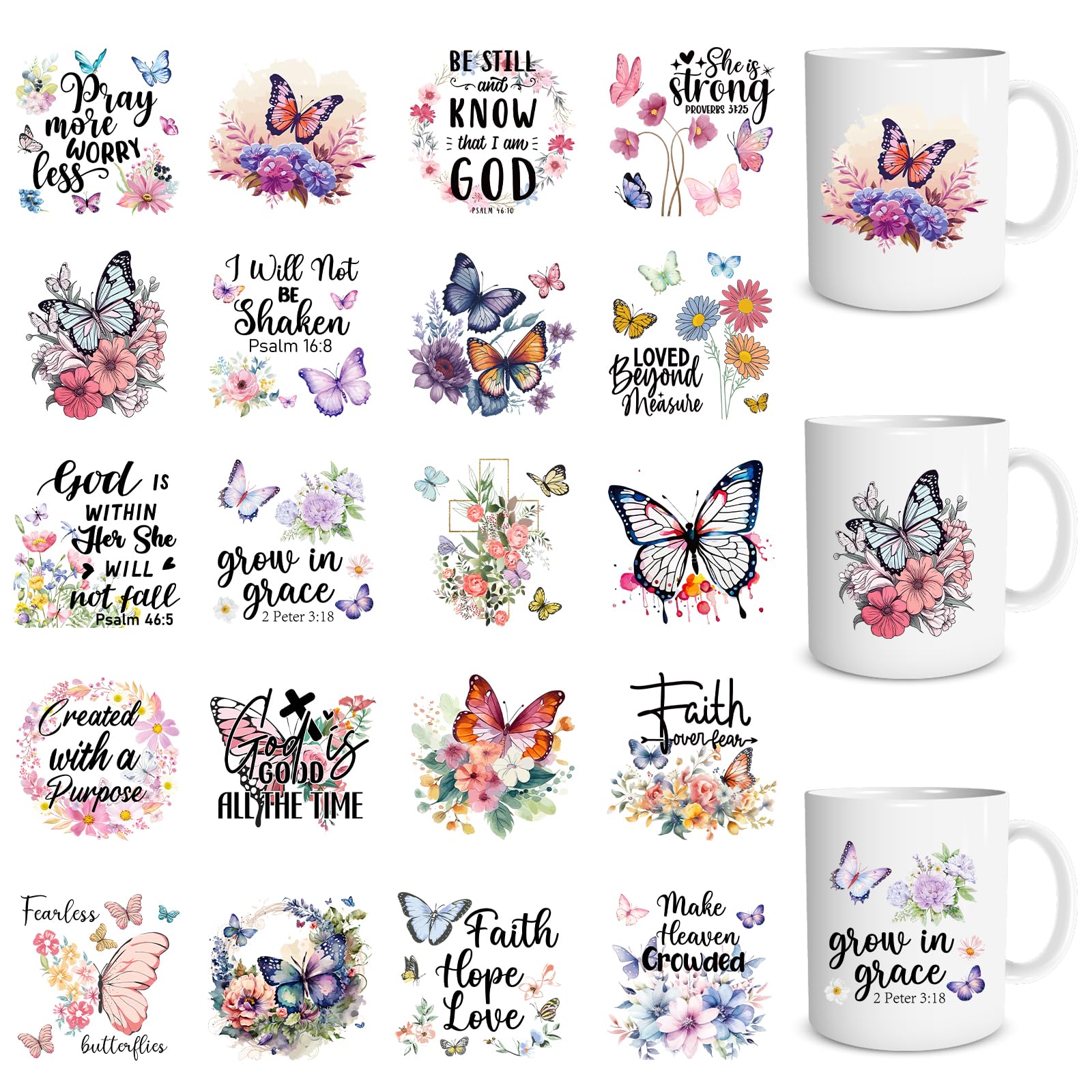 Shejdgart UV DTF Cup Wrap - 20 Sheets Bible UV DTF Cup Wraps for 16 OZ Butterfly Flower Cross UVDTF Cup Wraps Motivational Christian UV DTF Transfer