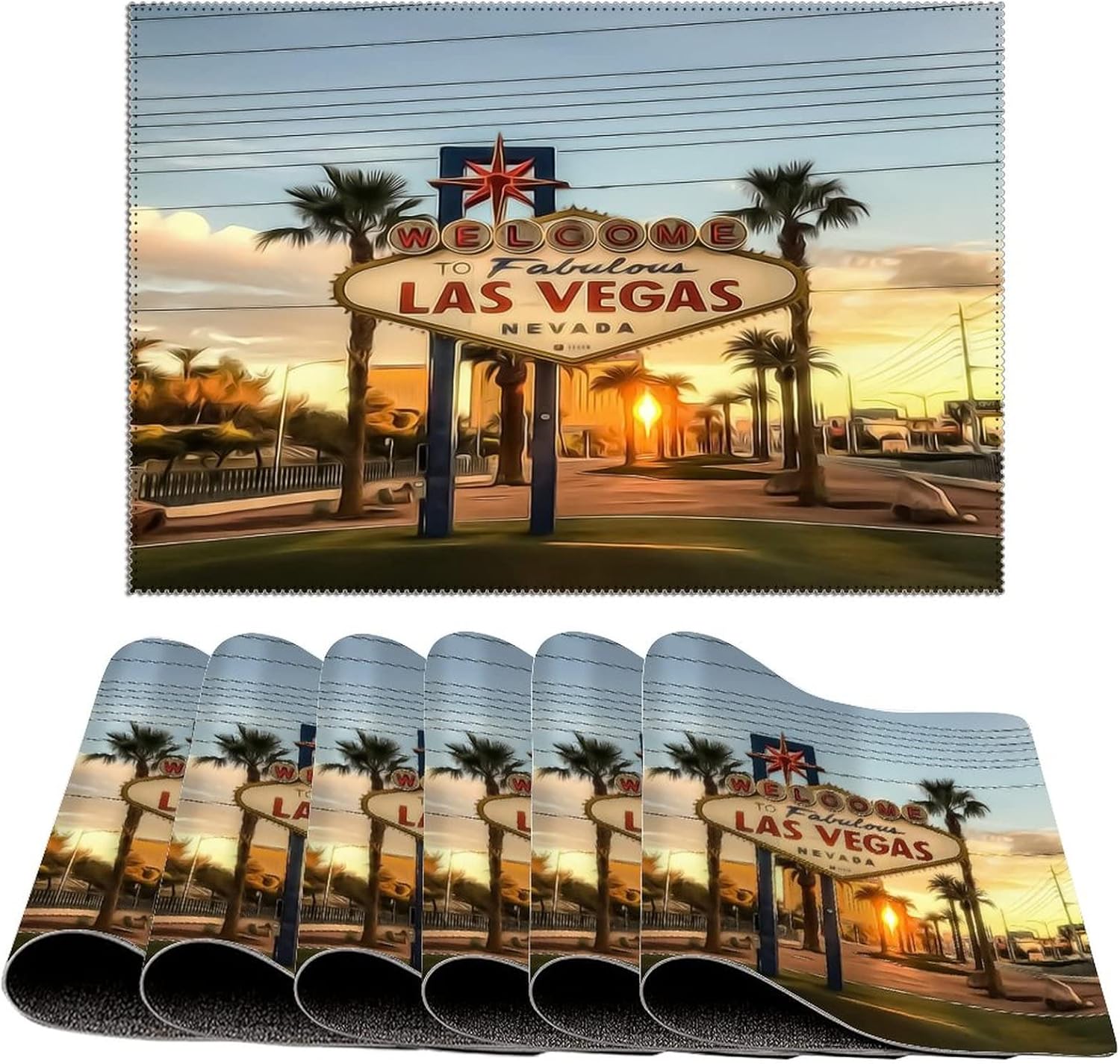 American Nevada State Las Vegas Placemats Set of 6 Decorative PVC Place Mat for Kitchen Dining Table Las Vegas Scenery Cityscape Washable Place Mats Heat-Resistant Non-Slip Table Mats