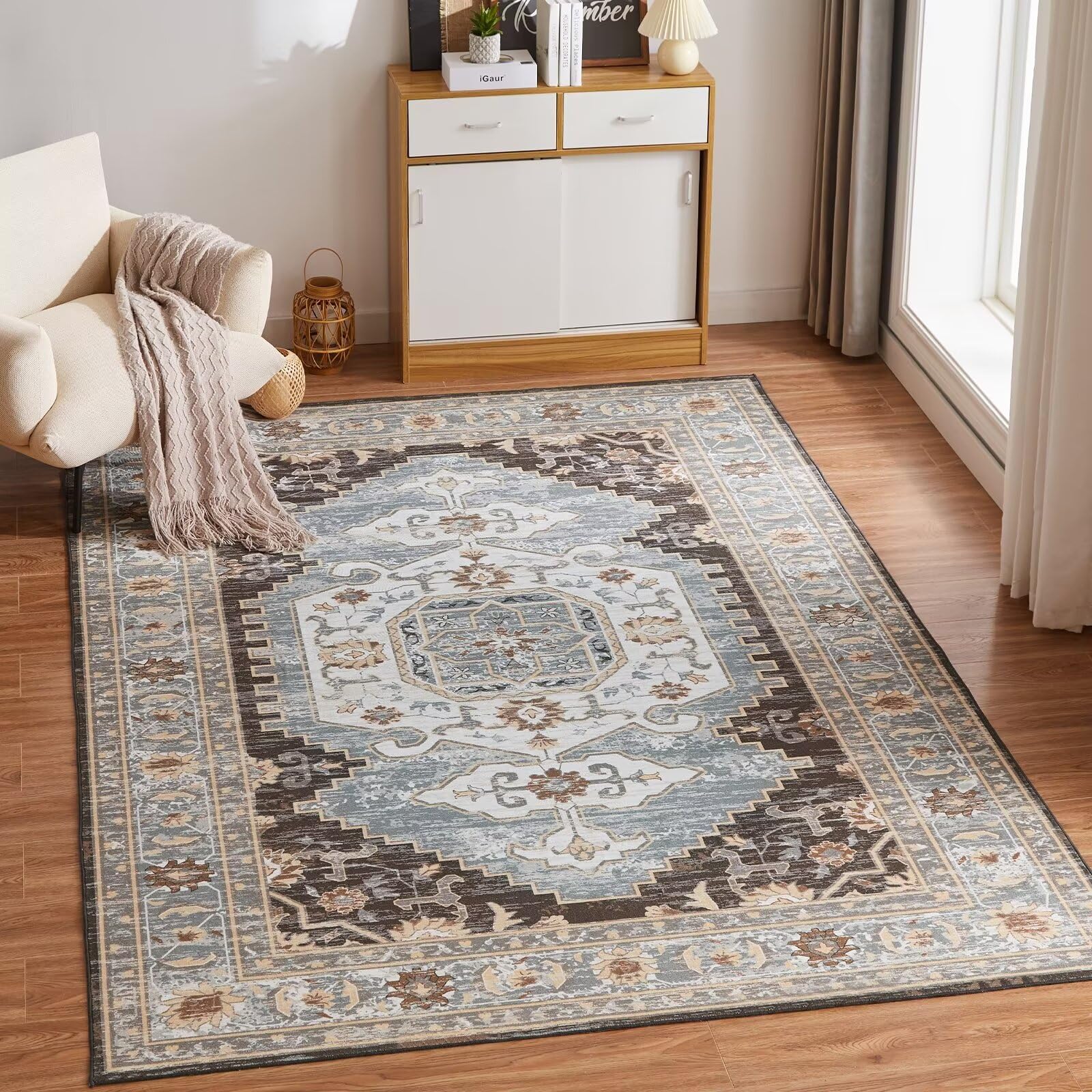 CHOSHOME Washable Rugs Living Room Boho Rug for Bedroom Anti Slip Rugs Classic Large Carpet for Living Room Vintage Area Rugs Soft Short Pile Rug Washable Rug Vintage Brown 80x150CM