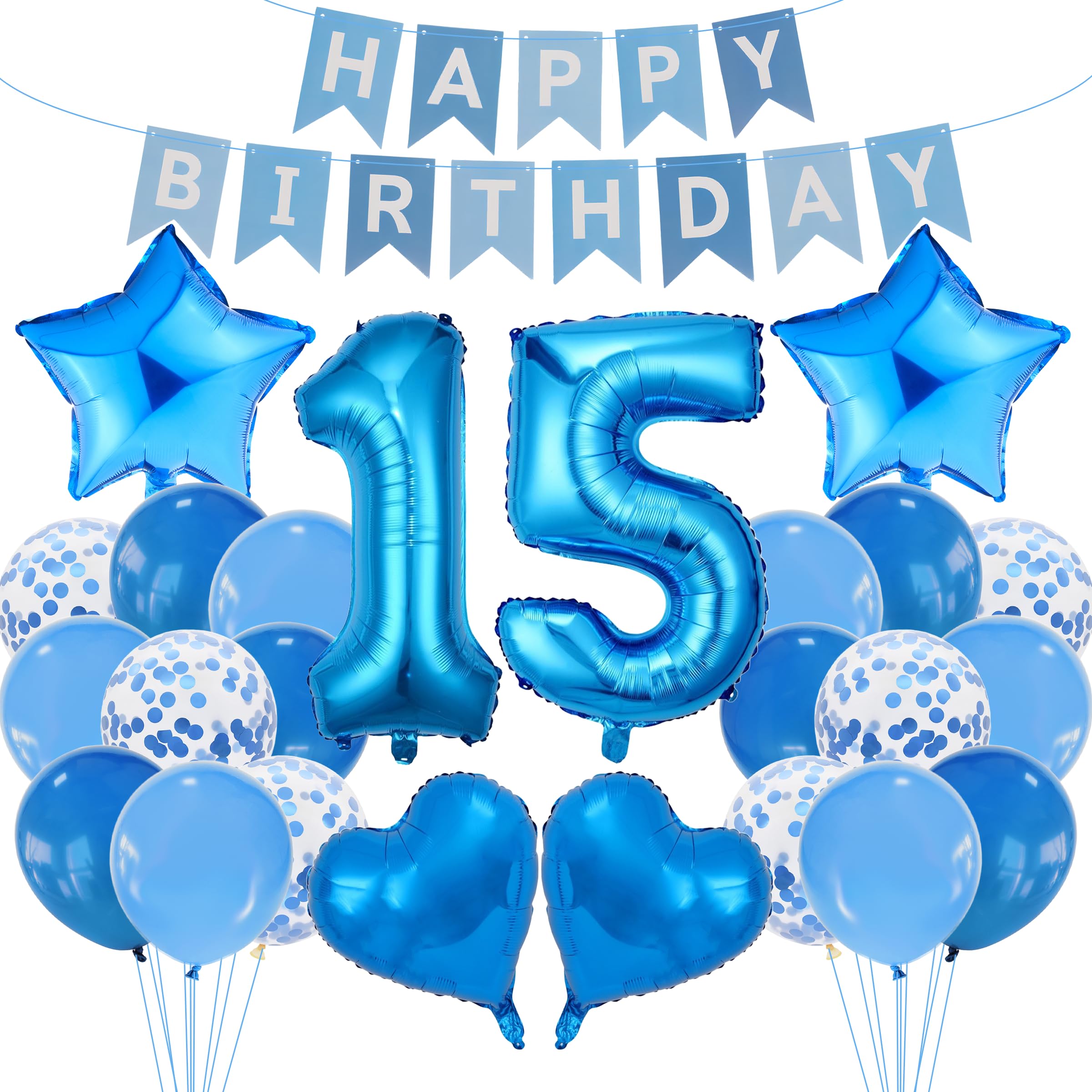 15th Birthday Decorations Set Blue Theme Happy Birthday Banner Bunting Balloon Decor Photo Backdrop for Teen Boys Girls Party Supplies Celebration Decor Event Bundle Bunting Set Party Pack