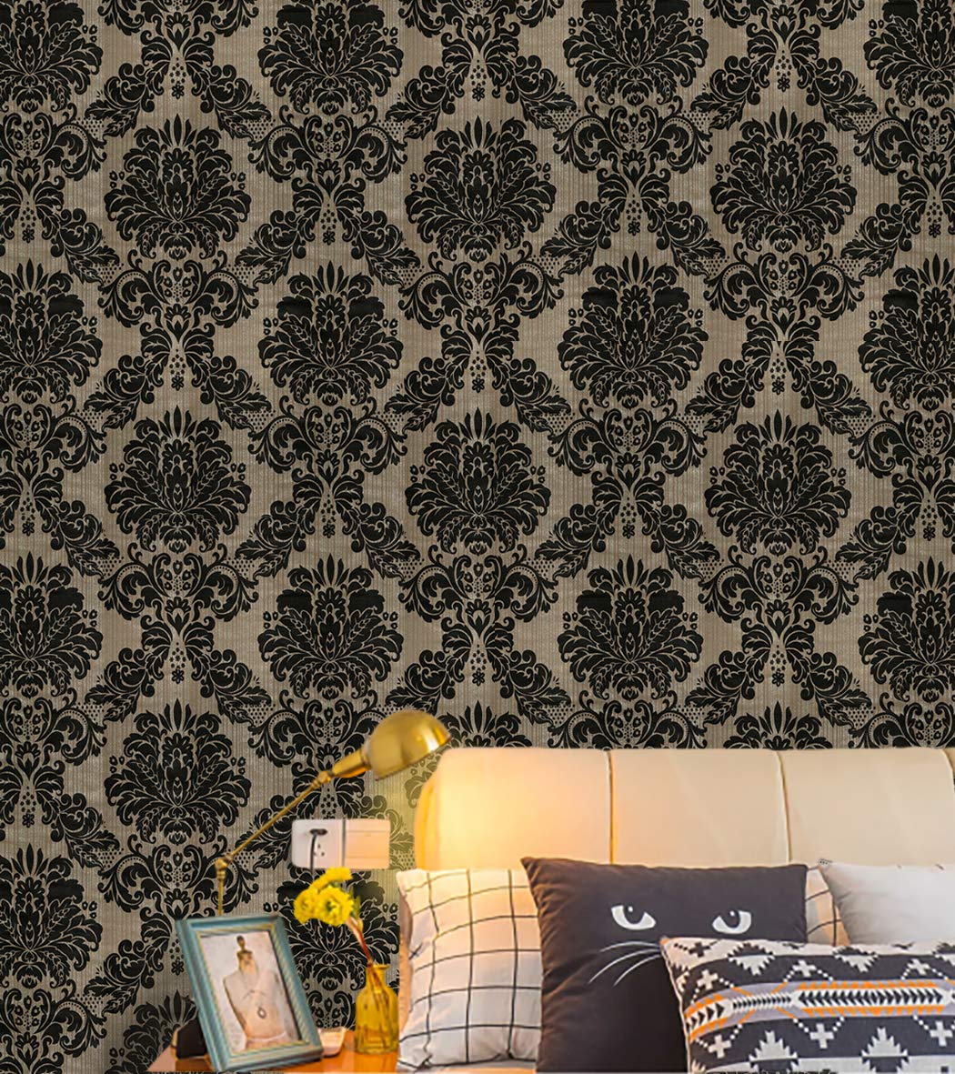 Papel tapiz de vinilo de damasco victoriano para pegar y despegar, papel tapiz autoadhesivo marrón/negro, papel impermeable extraíble para paredes de dormitorio, sala de estar, 17.7 x 118