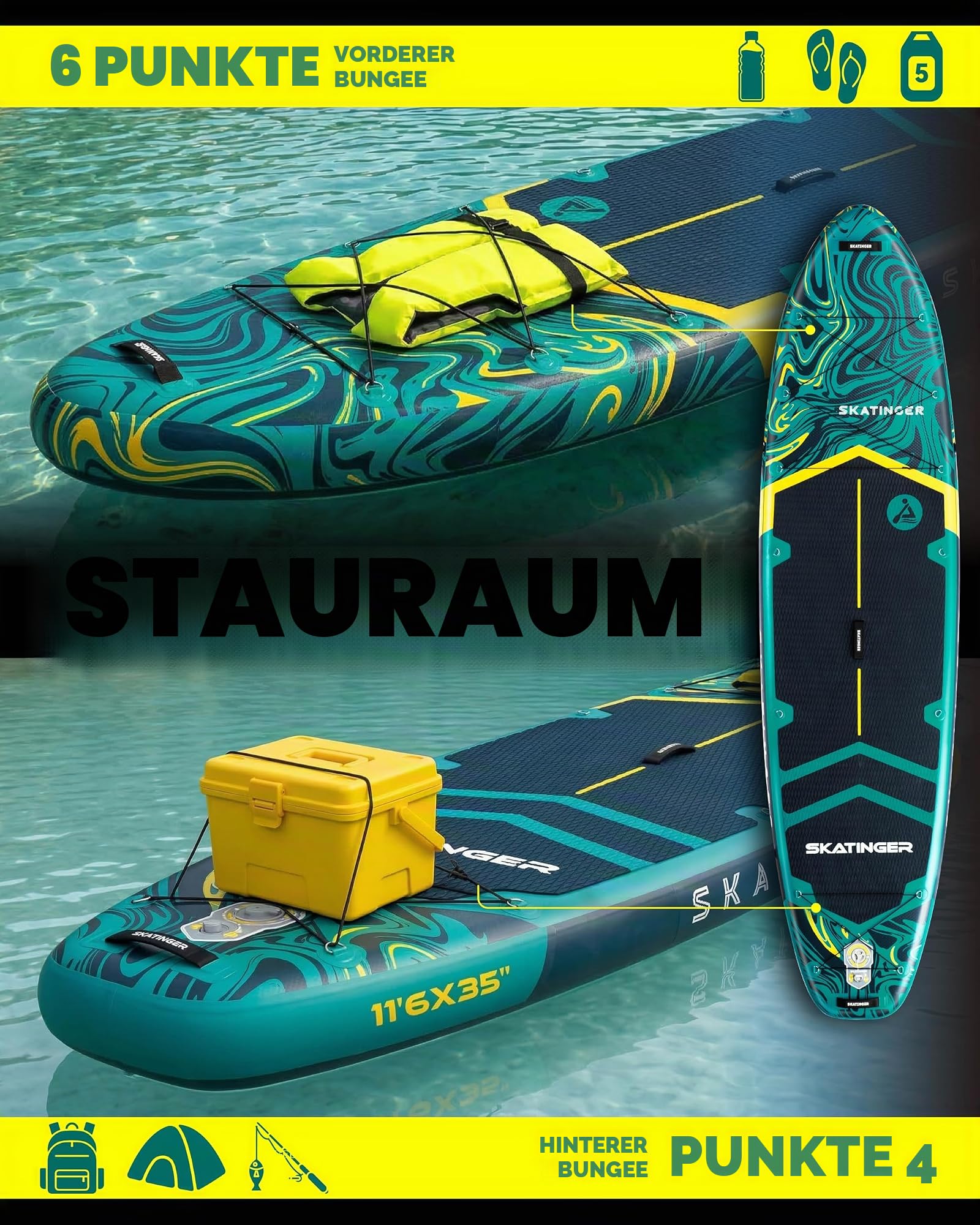 Skatinger Aufblasbares Stand-Up-Paddle-Board, 28,9 x 86,4 x 15,2 cm, SUP-Paddelboard, aufblasbar, Yoga-Steh-Up-Paddle-Board mit 1600D-Rucksack, 6 zusätzliche D-Ringe, Schultergurt, US-Zentralflosse,