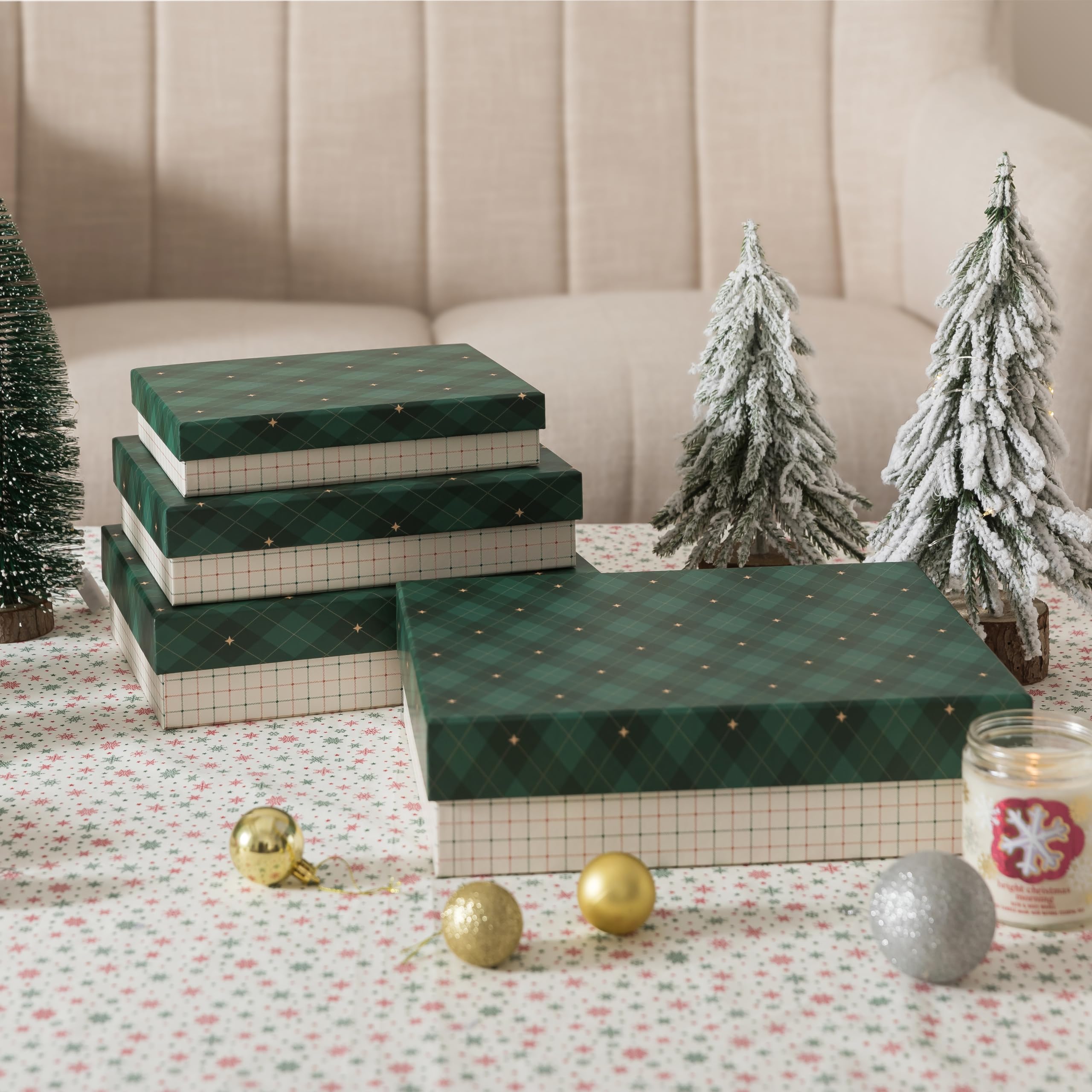 Soul & Lane - Lot de 4 boîtes cadeaux de Noël à carreaux avec couvercles, boîtes de vacances