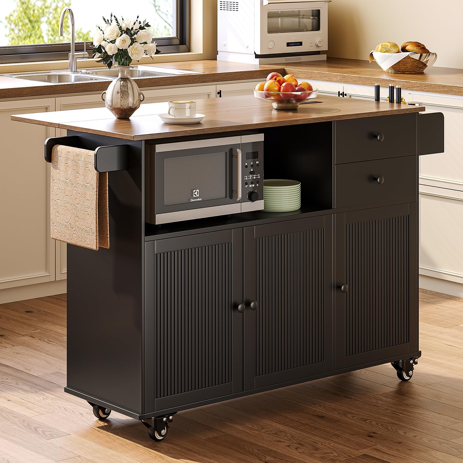 60''Kitchen Island with Large-Capacity Storage,Rolling Kitchen Island Table on Wheels, Island Table for Kitchen with Adjustable Shelves for Storage, Spice and Towel Rack