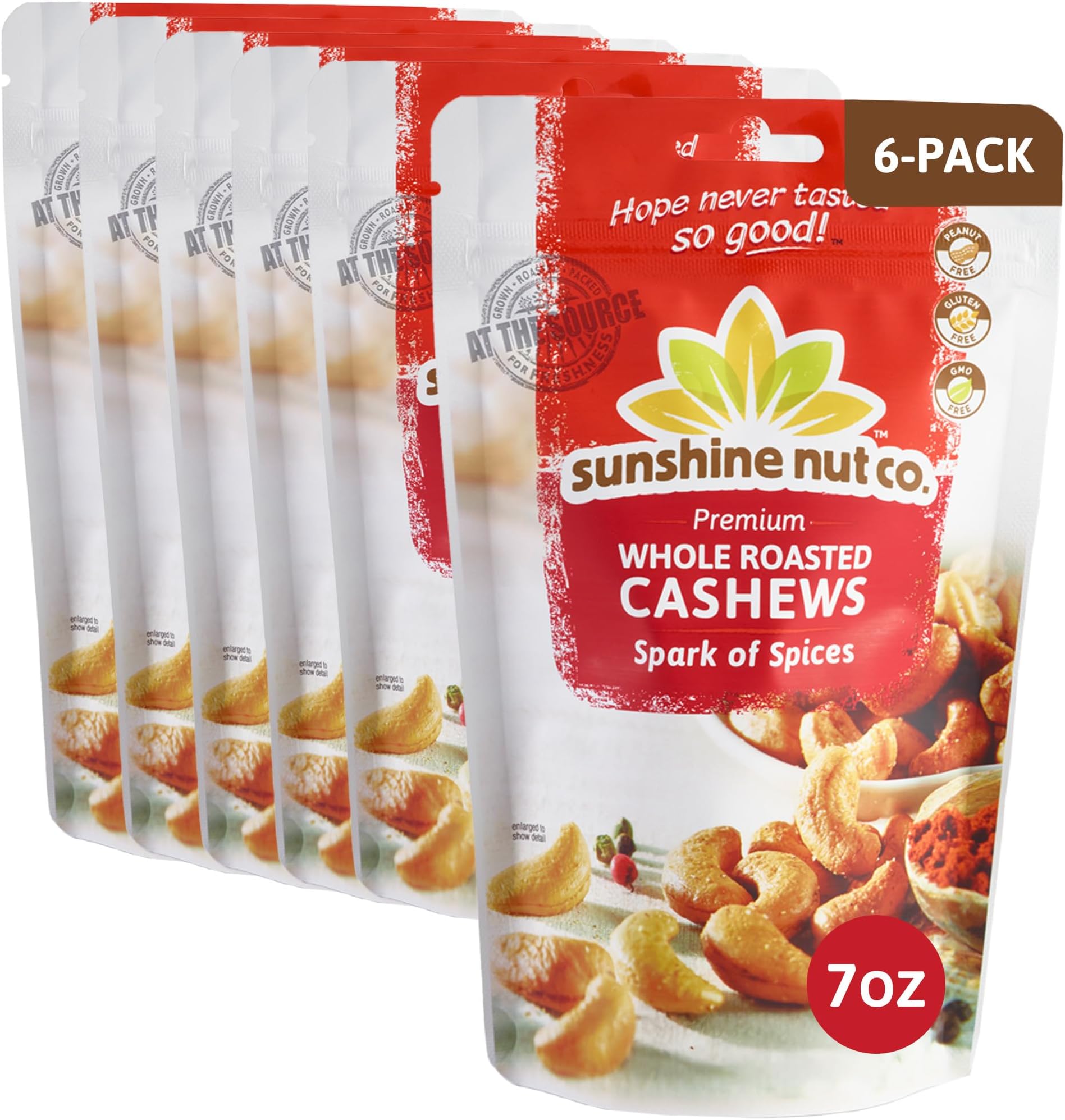 Sunshine Nut Company Whole Roasted Lightly Salted Cashews, Spark of Spices Flavor, 6 Pack, 7 oz. Each, Gluten Free, Peanut Free and Vegan Individual Snack Packs for Kids and Adults, GMO Free