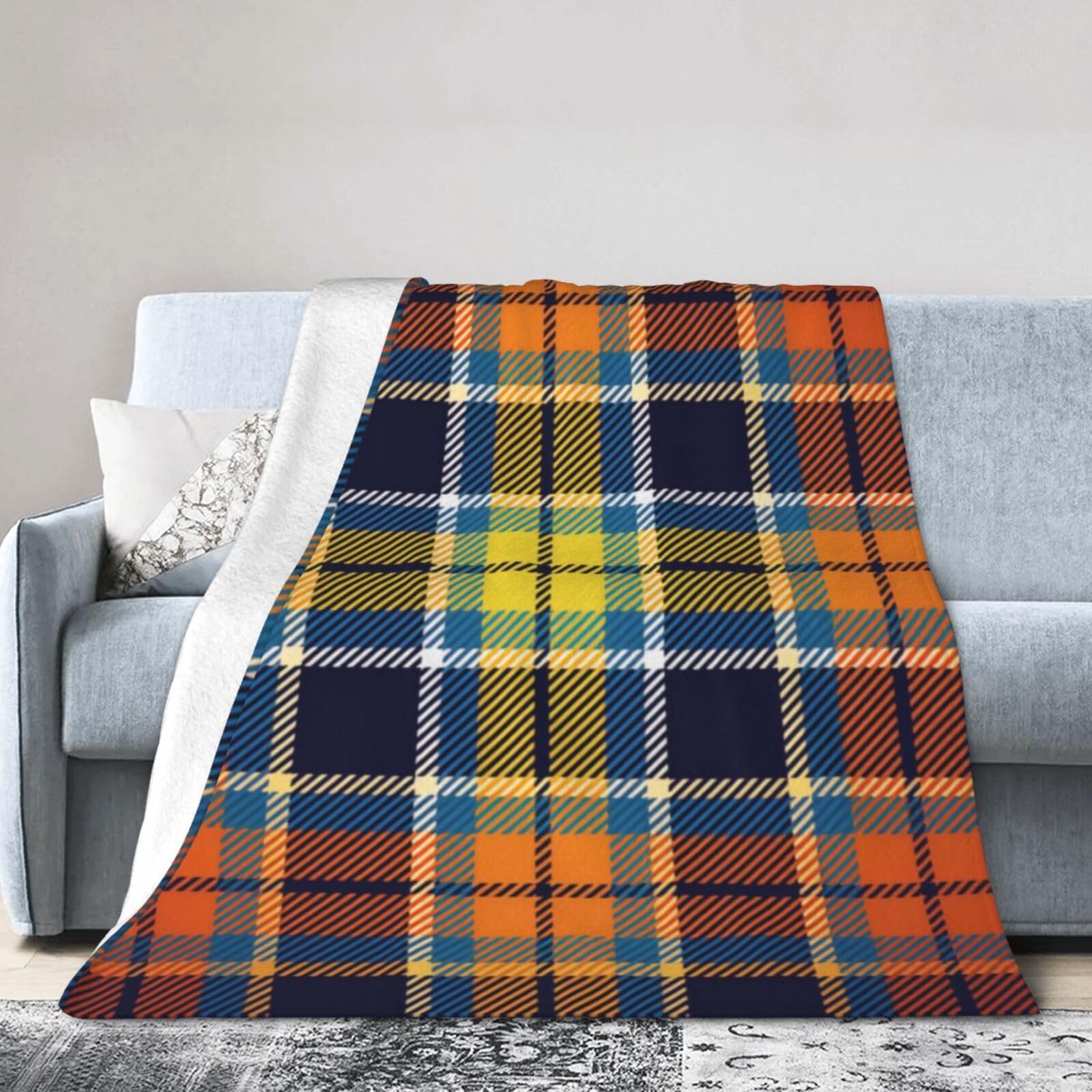 ERTDFXCV Navy Blue Orange Plaid Blanket 50"x40"