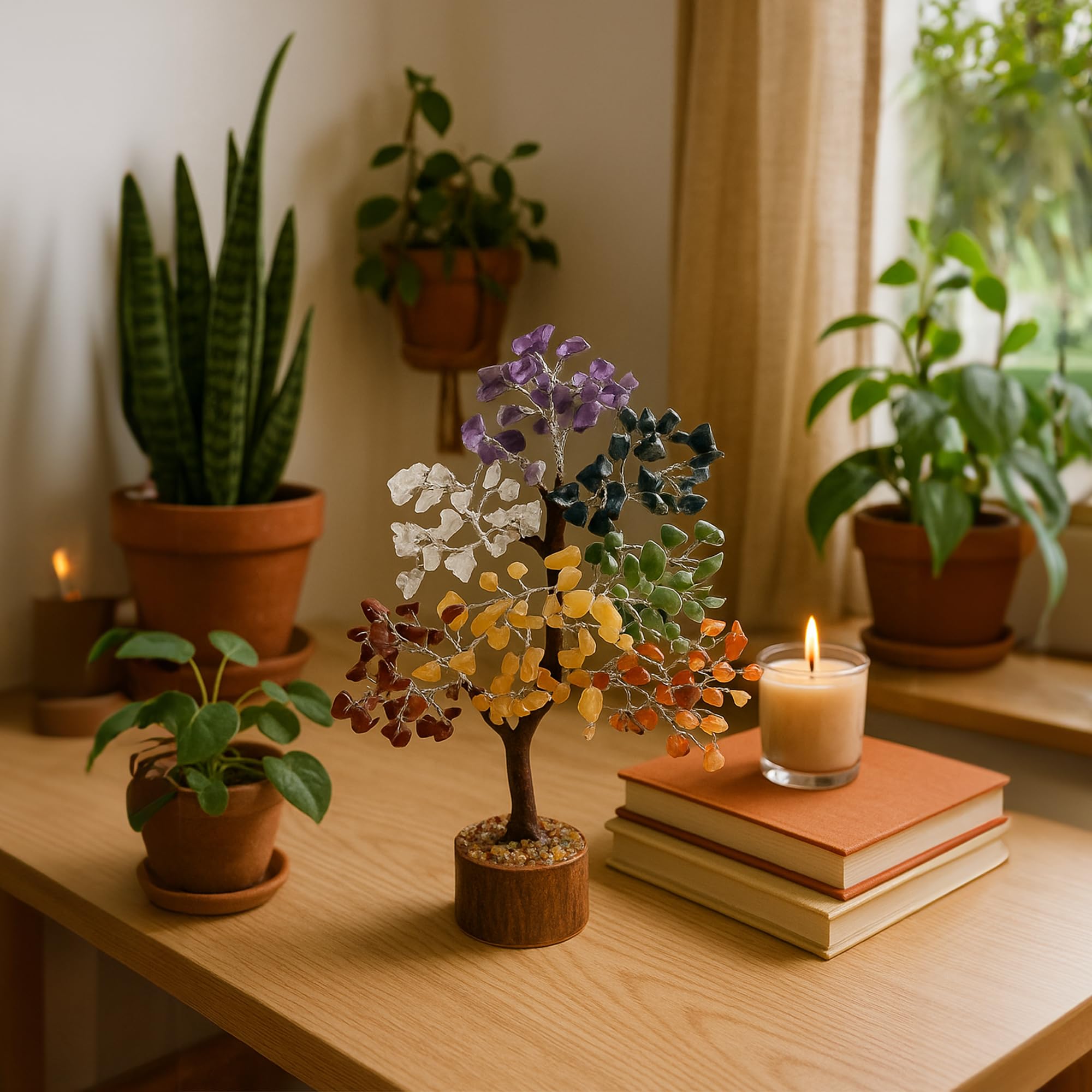 Pietra preziosa Chakra, albero della vita, filo d'argento, decorazione spirituale con 7 pietre curative Chakra, albero Feng Shui, armonia, prosperità ed energia, fatto a mano, circa 25 cm,