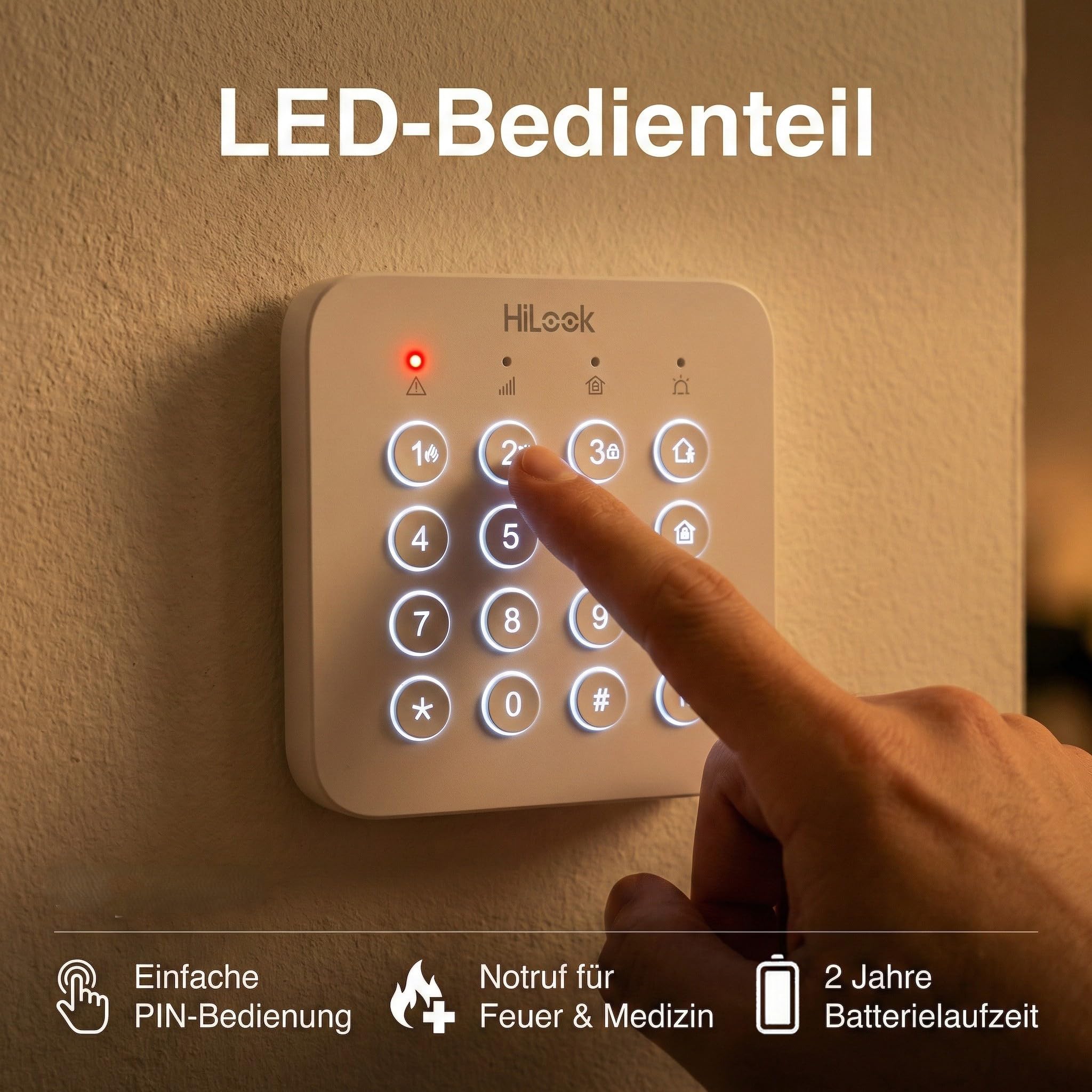 HiLook by HIKVISION Funk-Alarmanlage 6-teiliges Set | Kabelloses Alarmsystem mit Zentrale, PIR Bewegungsmelder, Tür-/Fensterkontakt, Innensirene & Fernbedienung | App-Steuerung WLAN