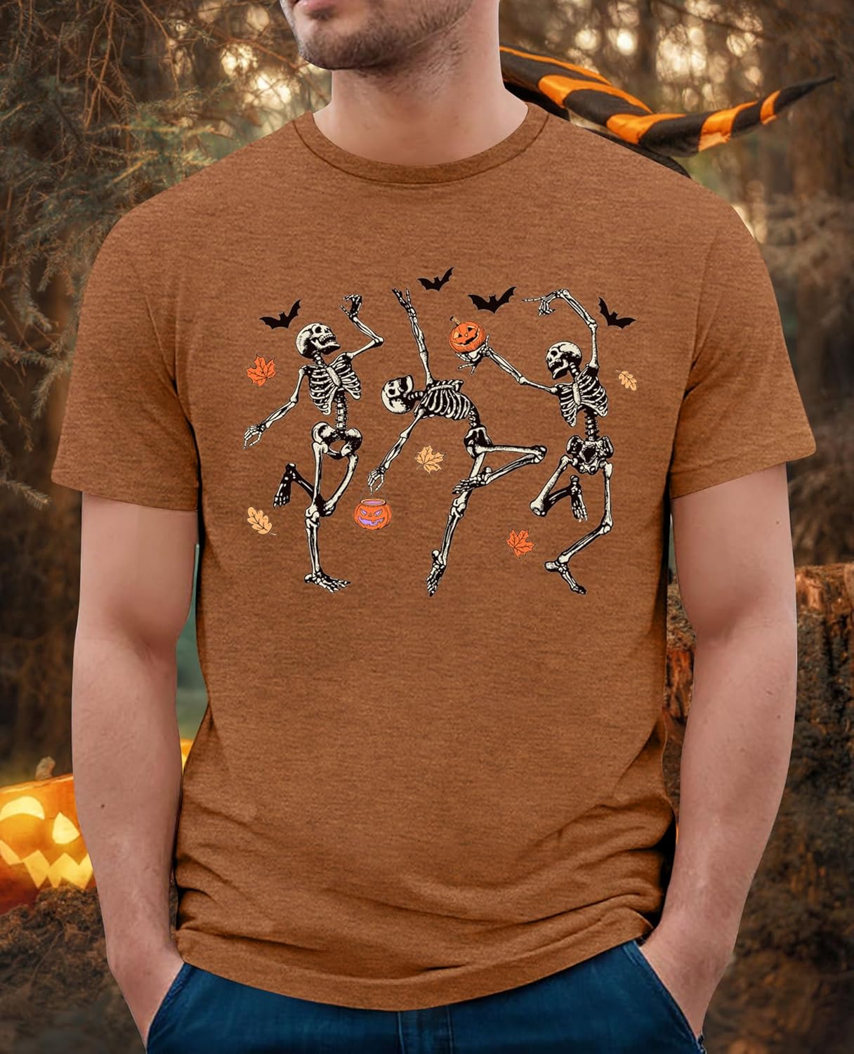 Halloween Shirts for Men Funny Halloween Pumpkin Shirt Dancing Skeleton Tee Bloody Shirt Casual Gift Spooky Tops - Image 3