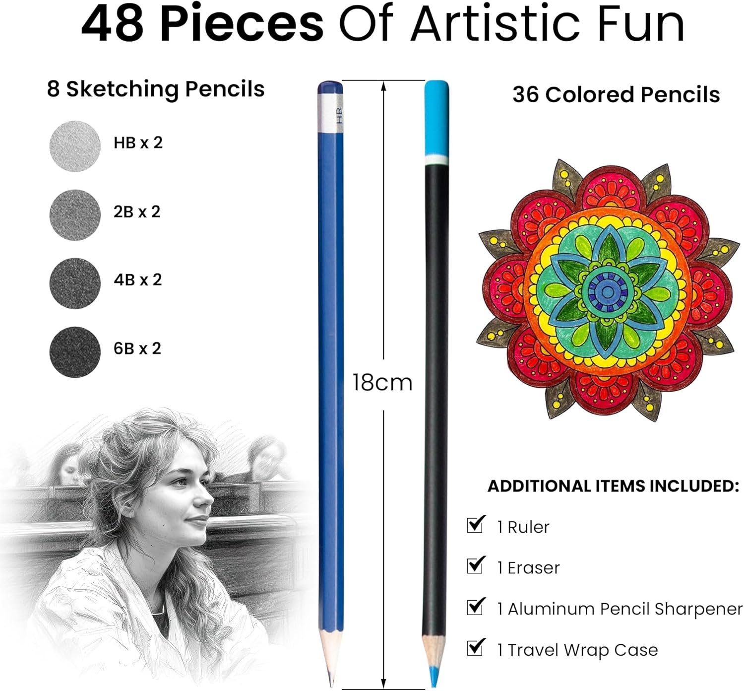 ARTISTIK Coloring Pencils Wrap Set with Vivid Colors – 47-Piece Artist Grade Drawing & Sketching Colored Pencil Set – 3.5mm Colored Pencils for Adults Coloring Books