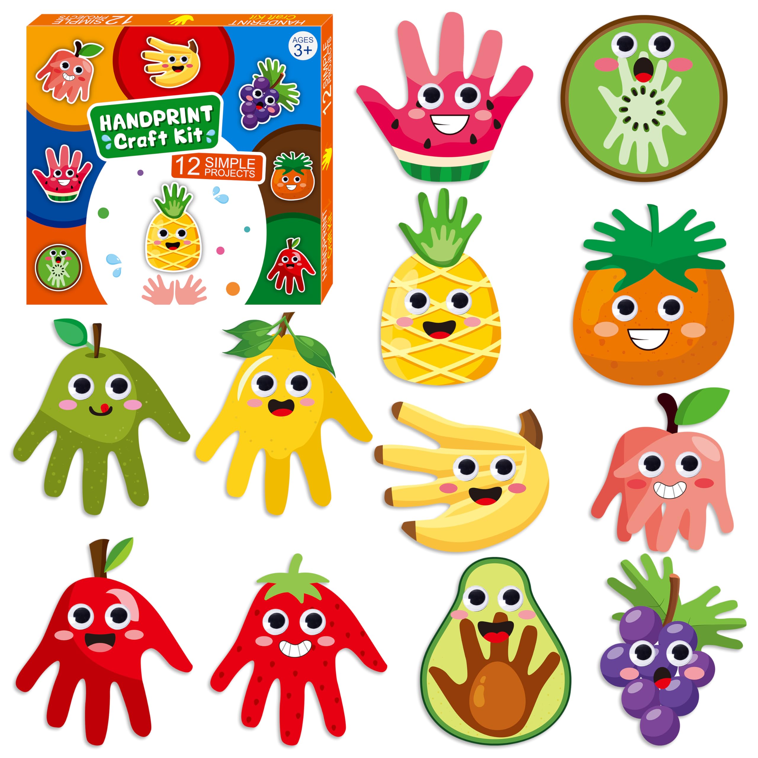 WATINC Fruit Handprint Art Craft - 12Pcs Pineapple Orange Grape Avocado Easy DIY Kit, Kiwi Watermelon Banana Lemon Arts Supplies Preschool Classroom Hand Print Activity Party Favors for Kids Toddlers