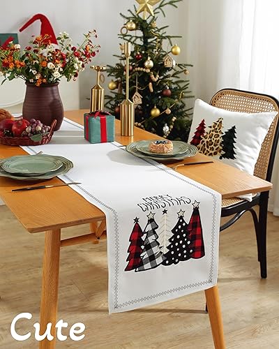 Miniatura 3 de Camino de mesa de Navidad de 70 pulgadas de largo con patrón de árboles de Navidad bordados a cuadros, decoración de Navidad blanca para interiores