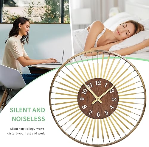 Miniatura 4 de Reloj de pared moderno de mediados de siglo de 24 pulgadas, diseño de metal de marco redondo con centro de madera de nogal, movimiento de cuarzo