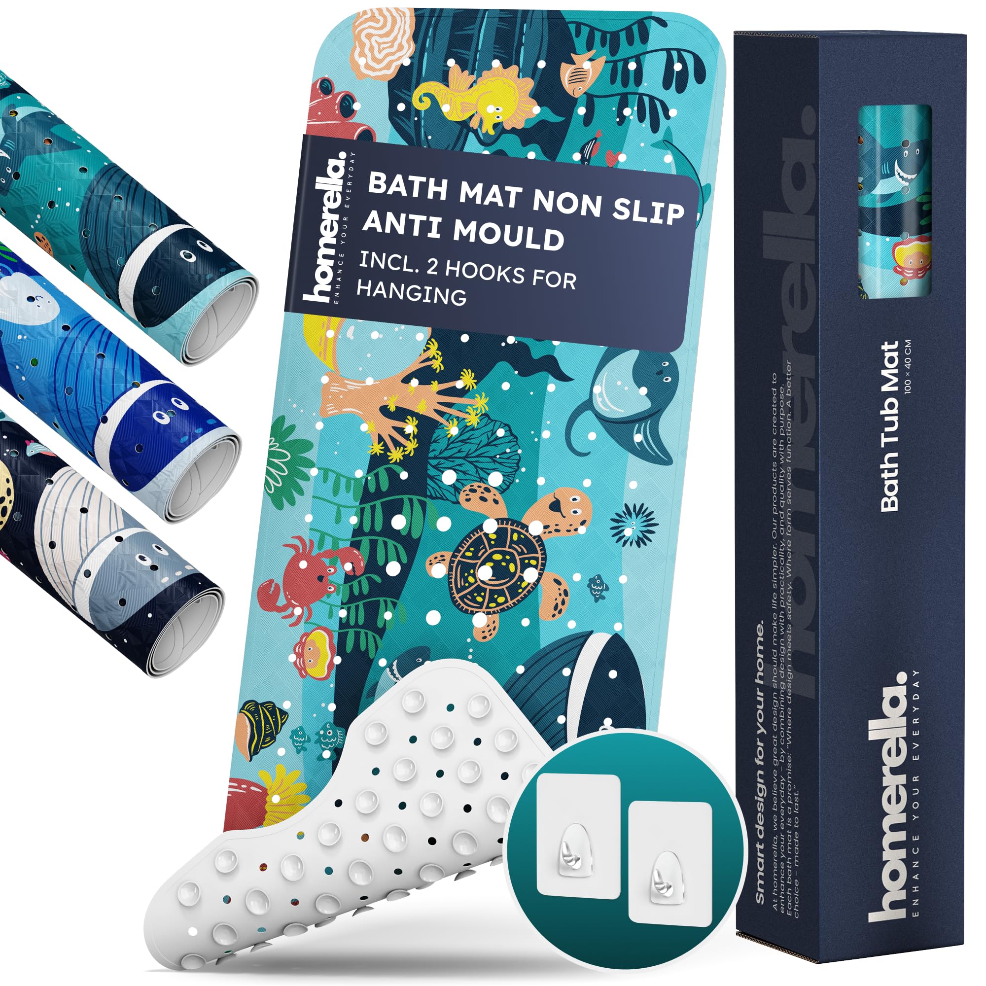 Homerella Turquoise Ocean Friends Bath Mat Non Slip Anti Mould Kids 100X40cm Incl. 2 Hooks - Anti Slip Bathtub Mat Machine Washable, Bpa Free, Toddler Non Slip Bath Mat For Inside Bath Tub