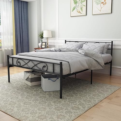 Miniatura 4 de PROXRACER Base de cama de plataforma metálica King con cabecero, soporte de listones de acero resistente, base de colchón, almacenamiento debajo de