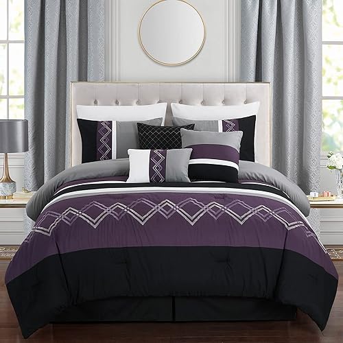 Miniatura 2 de Chezmoi Collection Arden - Juego de edredón moderno de 7 piezas con diseño de rayas plisadas bordadas en zigzag (tamaño matrimonial, morado, negro,