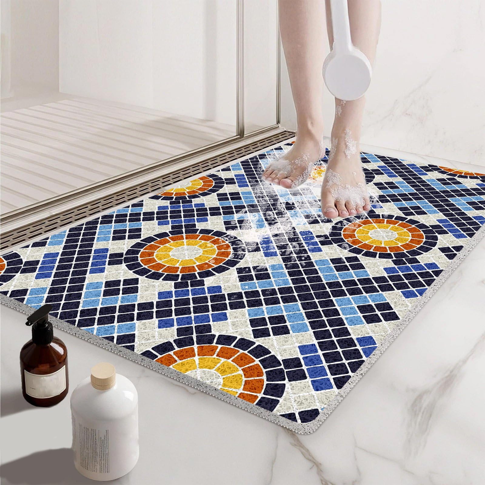 Alfombrilla de ducha antideslizante de lufa 80 x 80 cm, alfombrilla de ducha para interior, alfombrilla rectangular con drenaje para zonas húmedas, almohadilla de baño de PVC para ancianos, azul