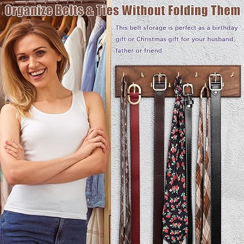 Miniatura 5 de Organizador de cinturones, colgador de pared para armario, con capacidad para más de 28 cinturones, estante de madera con almacenamiento para
