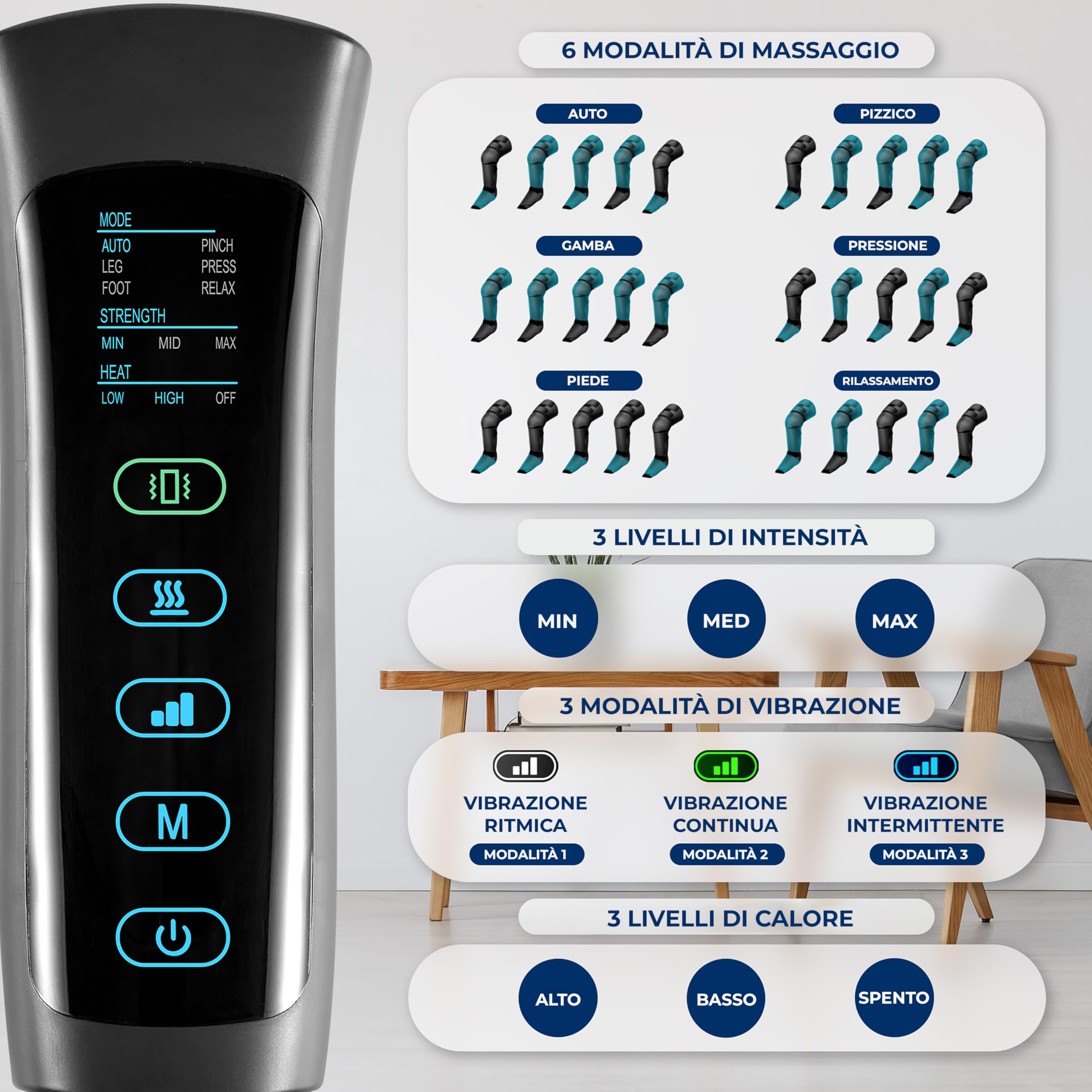 SereneLife Massaggiatore Gambe ad Aria per Ginocchio, Gomito e Spalla, Massaggio con 4 Vibrazioni, 2 Livelli Calore fino 53°C, 4 Cuscini d’Aria, Controller LED, Impacco Freddo