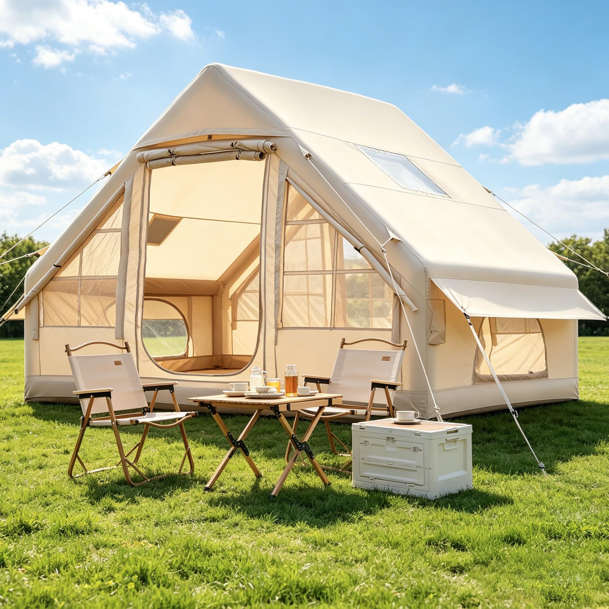 Aufblasbares Campingzelt für 2-8 Personen - 4-Jahreszeiten-Zelt aus wasserdichtem Oxford-Gewebe mit Luftpumpe, schnell aufbaubarer Unterschlupf