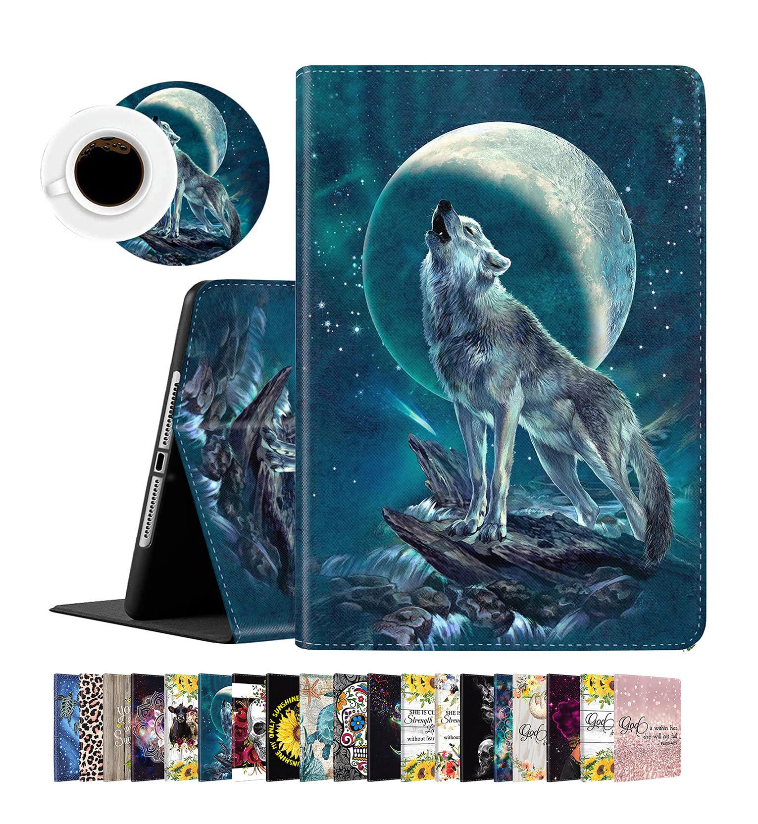 iPad 9.7 Case 2018 iPad 6th Generation / 2017 iPad 5th Generation Case, Pro 9.7 Case,iPad Air 2 Case, iPad Air Case Stand Folio Cover Case for Apple iPad 9.7 inch and Coasters Set Moon Soloist Wolf