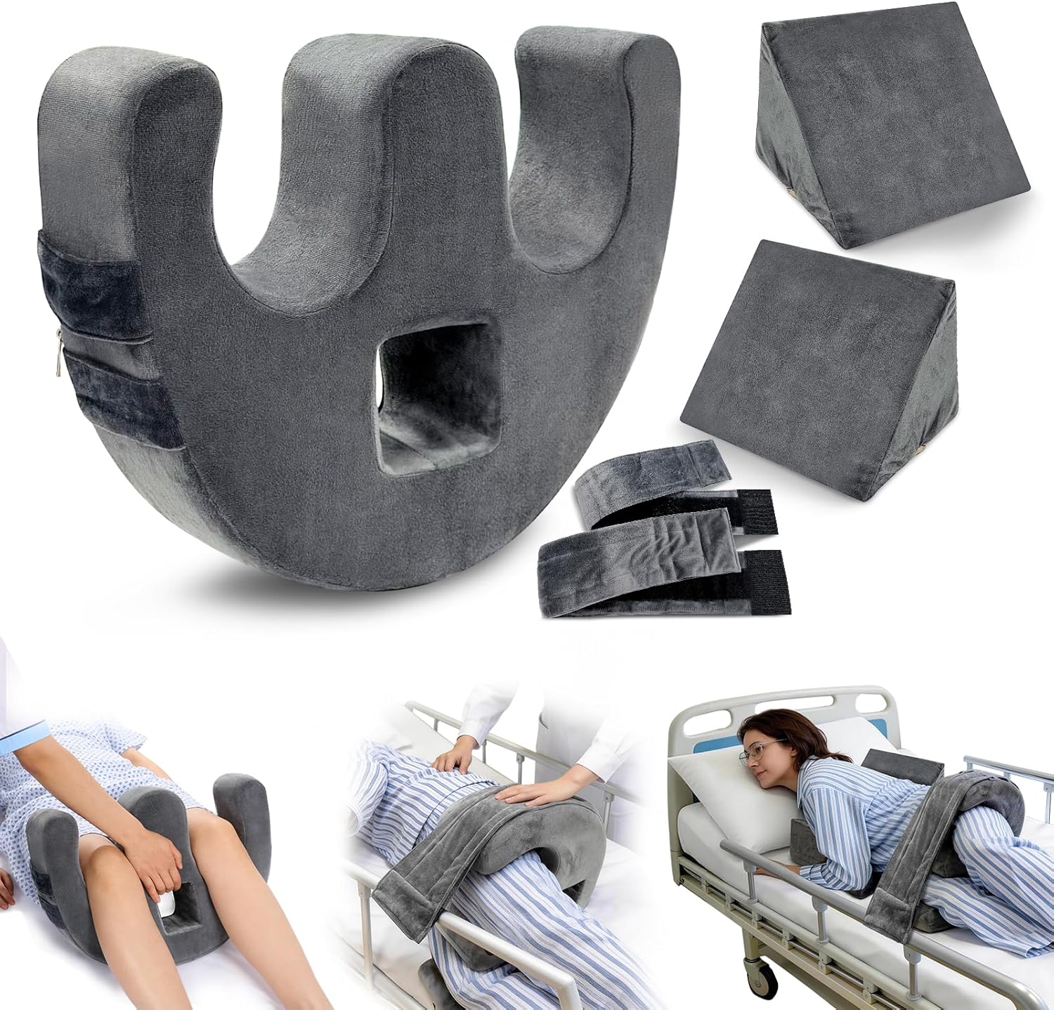 Patient Turning Device, U-Shaped Bedridden Turnover Pillow with Fixing Strap & Back Support Cushions for Bedsore Pressure Relief, Bed Ridden Patient Supplies for Elderly Nursing, Gray
