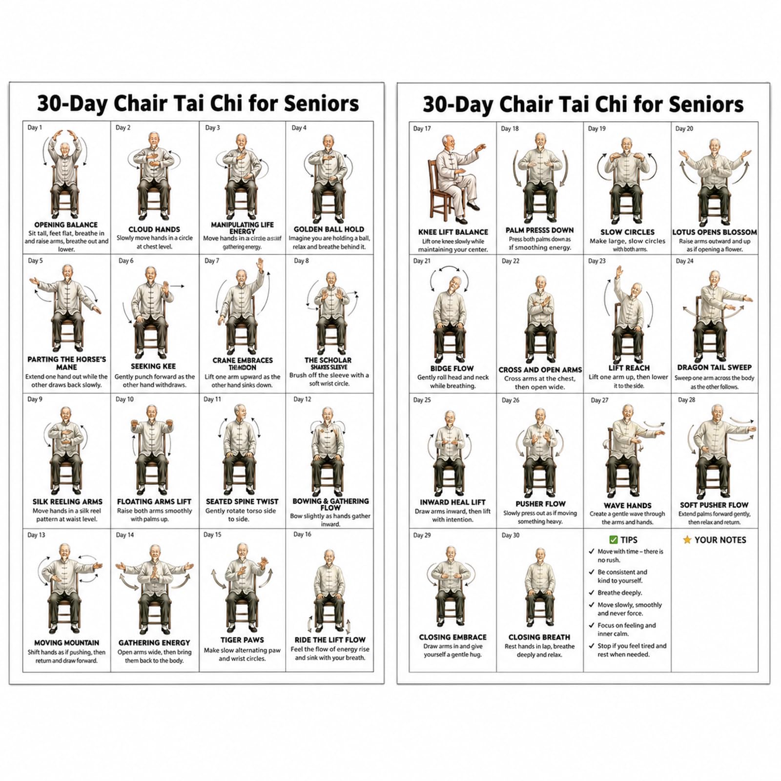MAUDFEK Tai Chi Chair Workout Wall Poster, Illustrated Tai Chi for Seniors seated movement guide, clear fitness chart for daily training, for mature adult regular indoor exercise routines