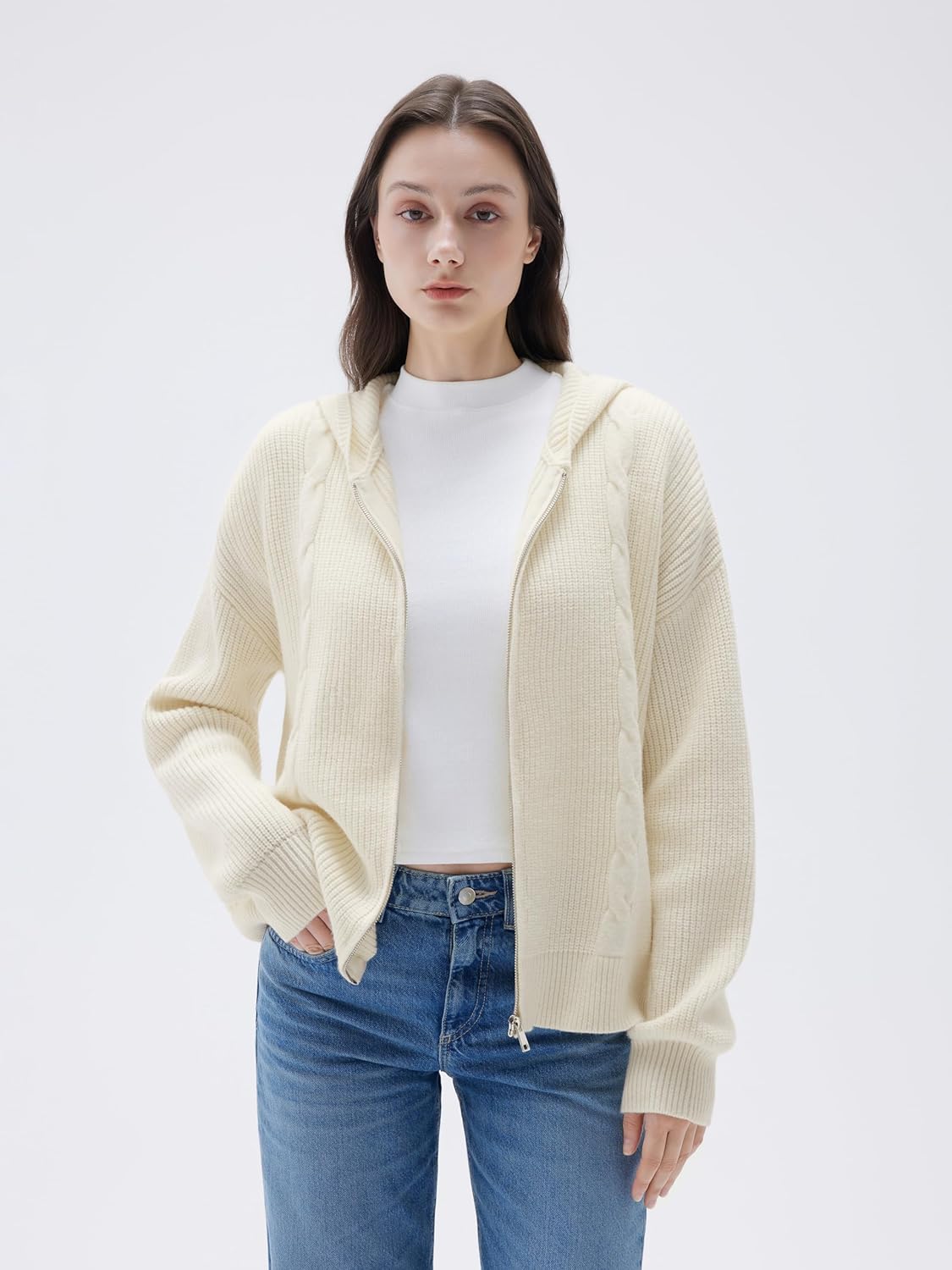 SUUKSESS Women Chunky Knit Cashmere Blend Sweaters Zip up Oversized Hoodies Cardigan with Pockets Long Sleeve Fall Outerwear - Image 5